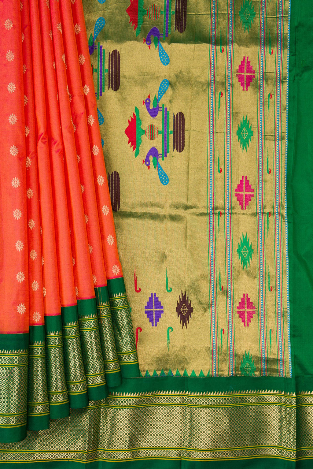 Pleats and pallu of Coral Dual Tone Paithani Silk Saree with Zari Butta on the body and Zari Border. 