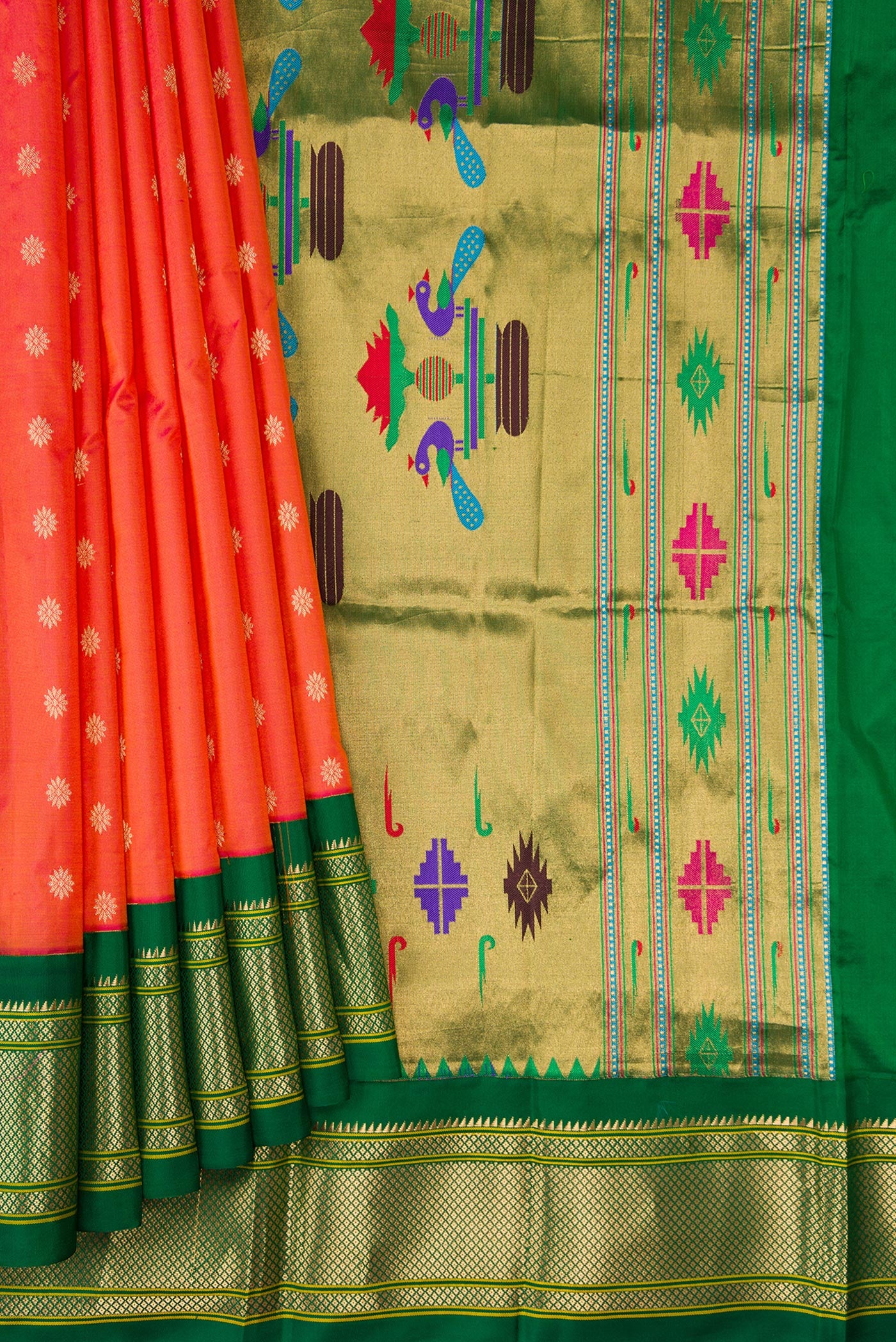 Pleats and pallu of Coral Dual Tone Paithani Silk Saree with Zari Butta on the body and Zari Border. 