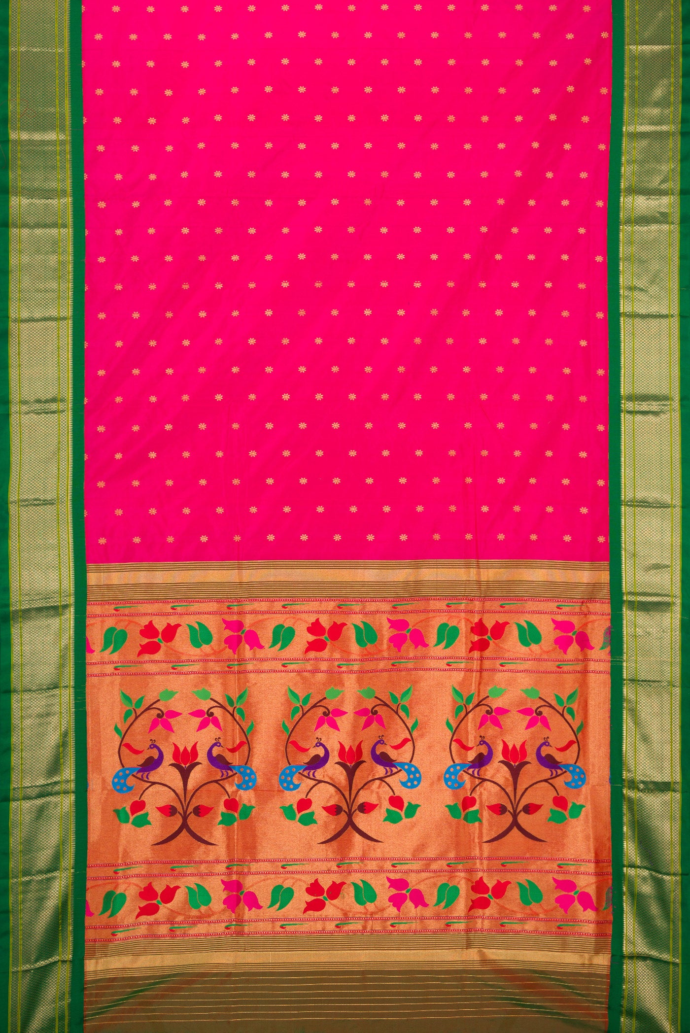 Flat view of Dark Pink Paithani Silk Saree with Zari Butta on the body and Zari Border. 