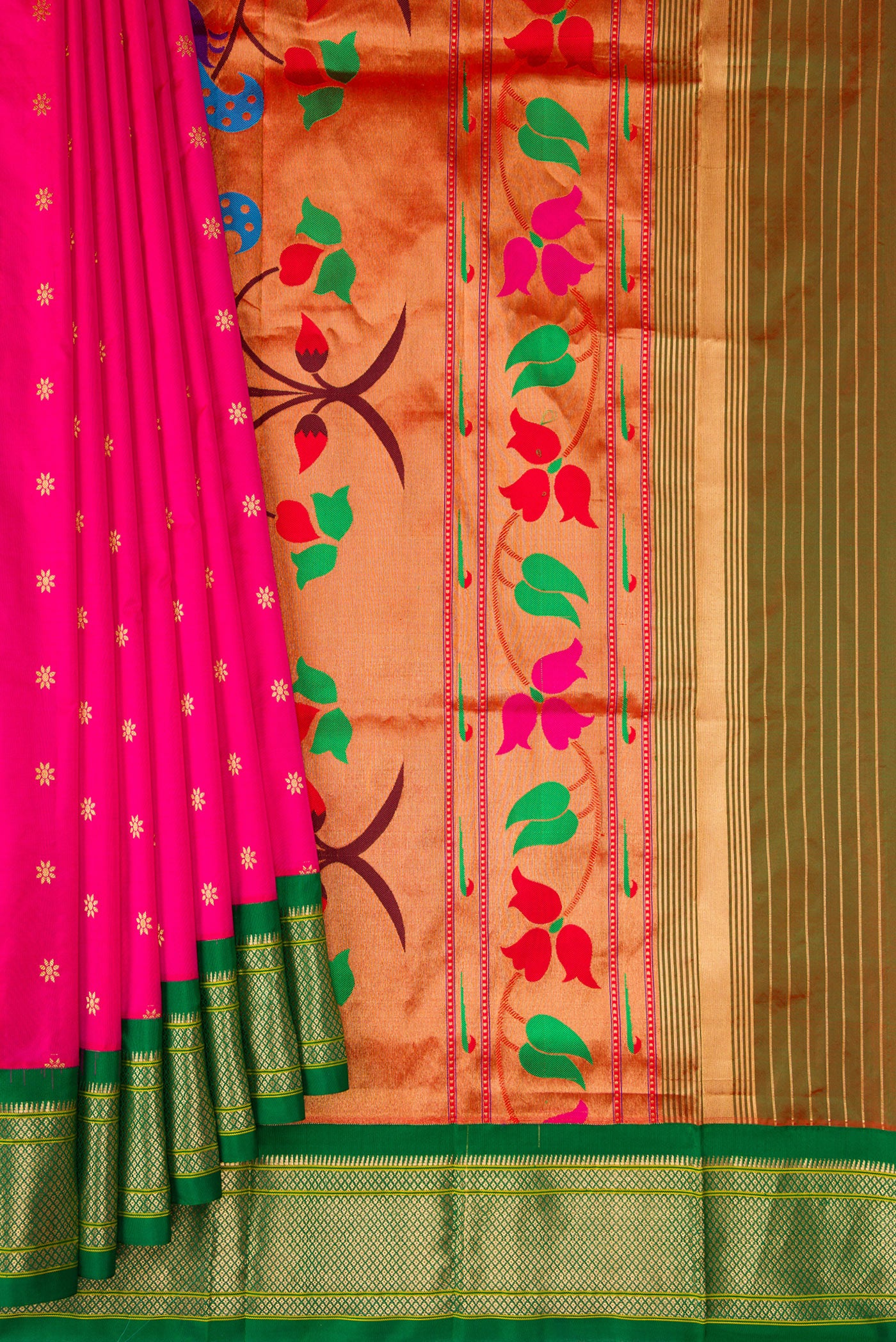 Pleats and pallu of Dark Pink Paithani Silk Saree with Zari Butta on the body and Zari Border. 