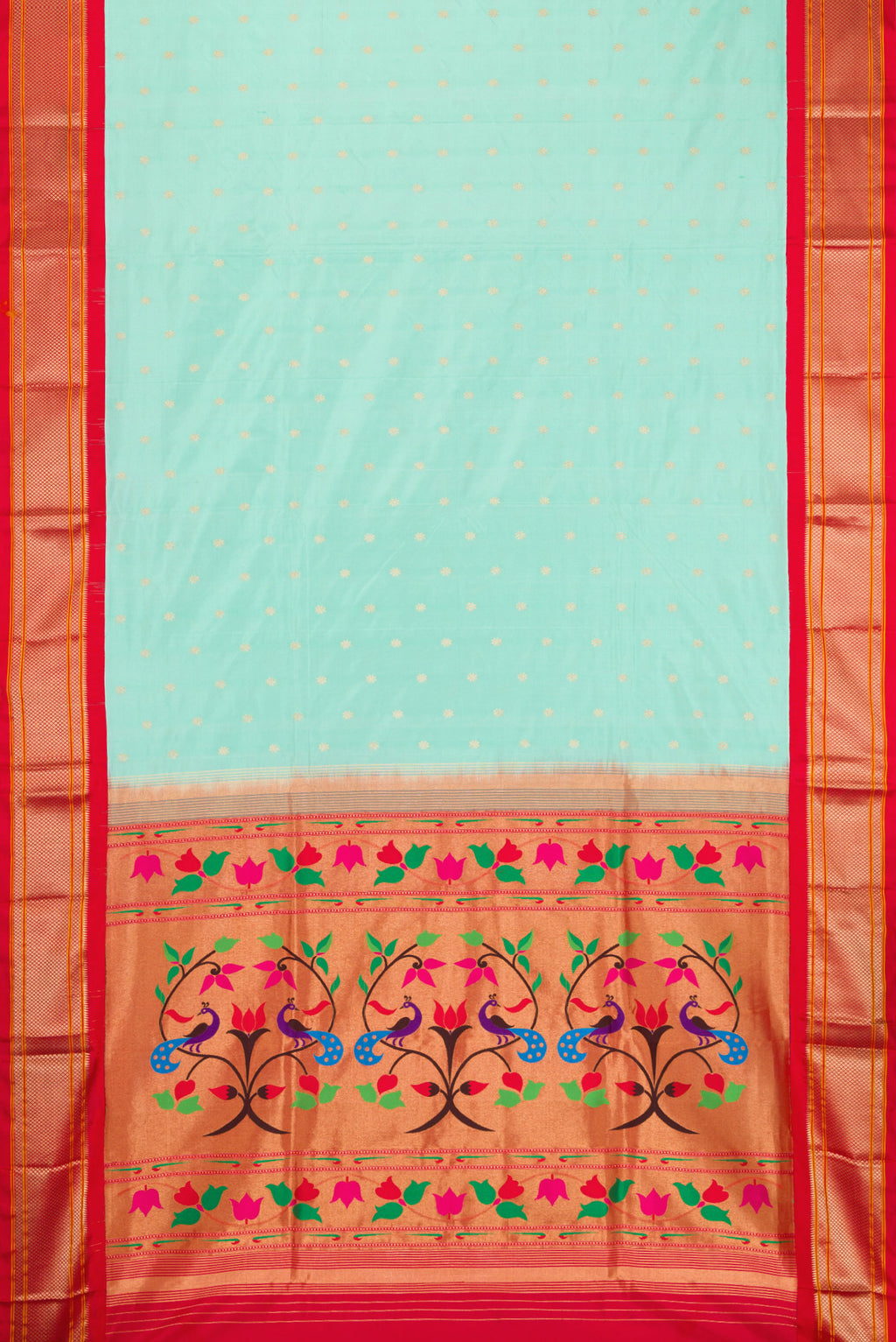 Flat view of Light Blue Paithani Silk Saree with Zari Butta on the body and Zari Border. 