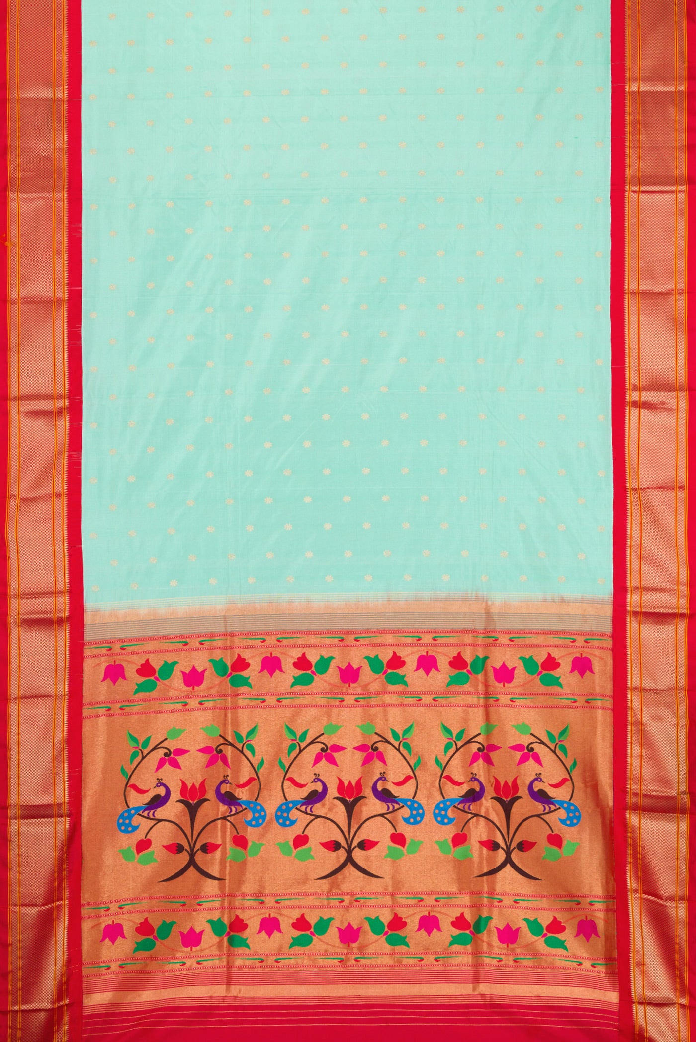 Flat view of Light Blue Paithani Silk Saree with Zari Butta on the body and Zari Border. 