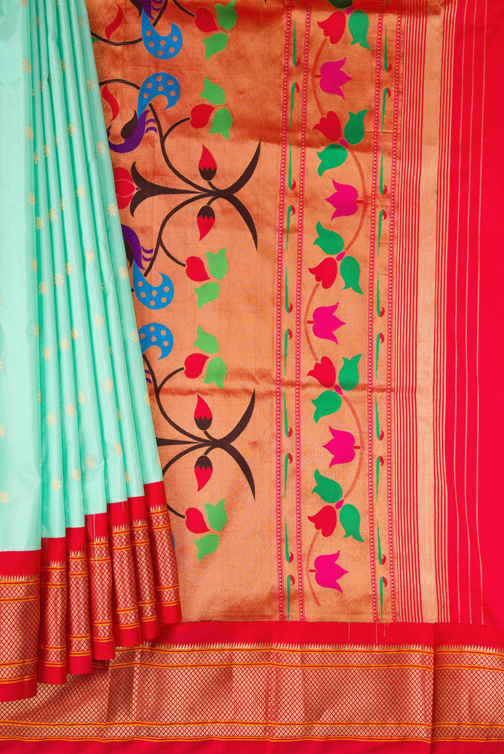 Pleats and pallu of Light Blue Paithani Silk Saree with Zari Butta on the body and Zari Border. 
