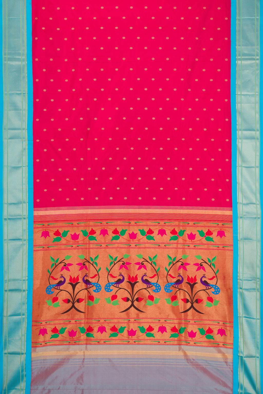 Flat view of Dark Pink Paithani Silk Saree with Zari Butta on the body and Zari Border. 