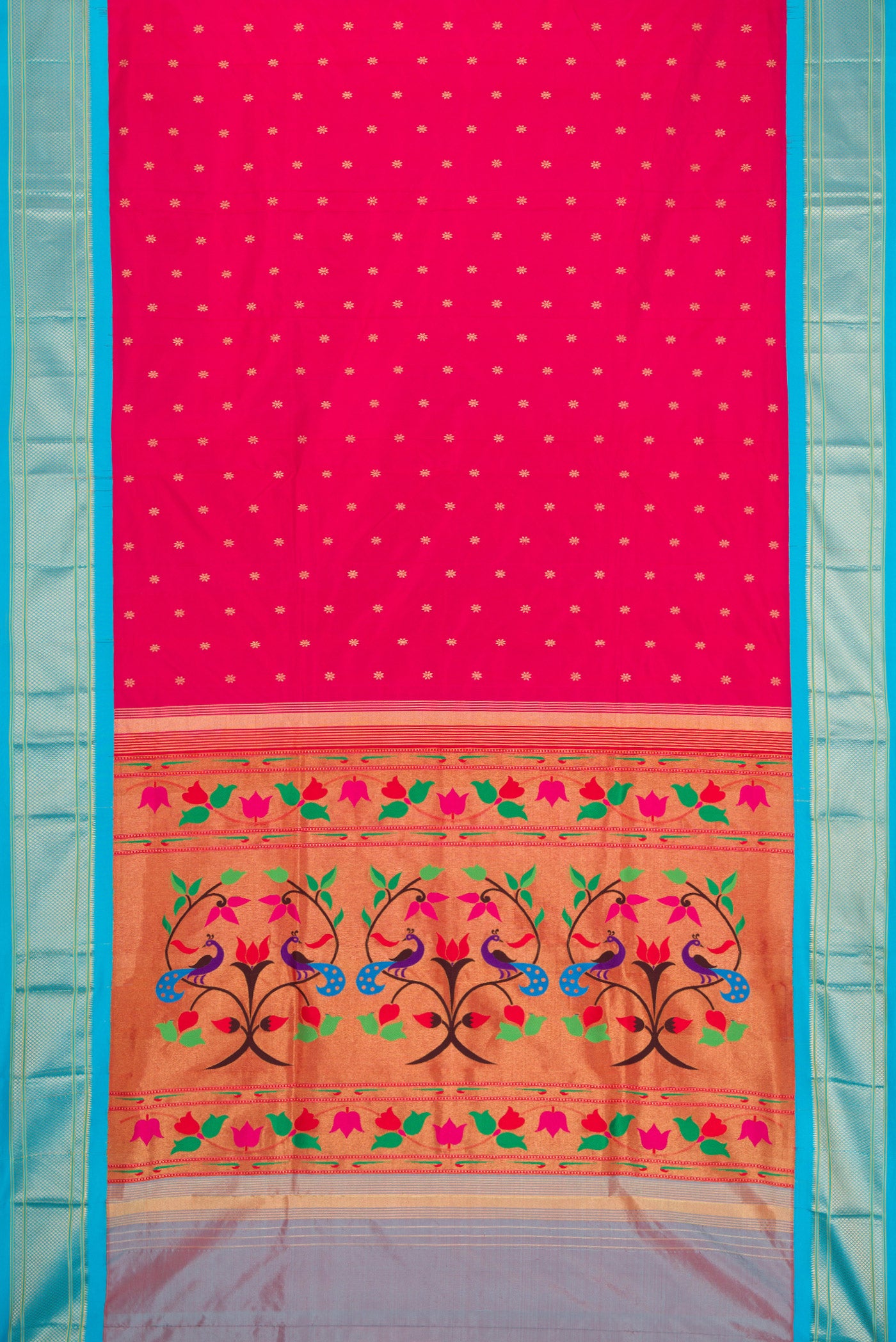 Flat view of Dark Pink Paithani Silk Saree with Zari Butta on the body and Zari Border. 