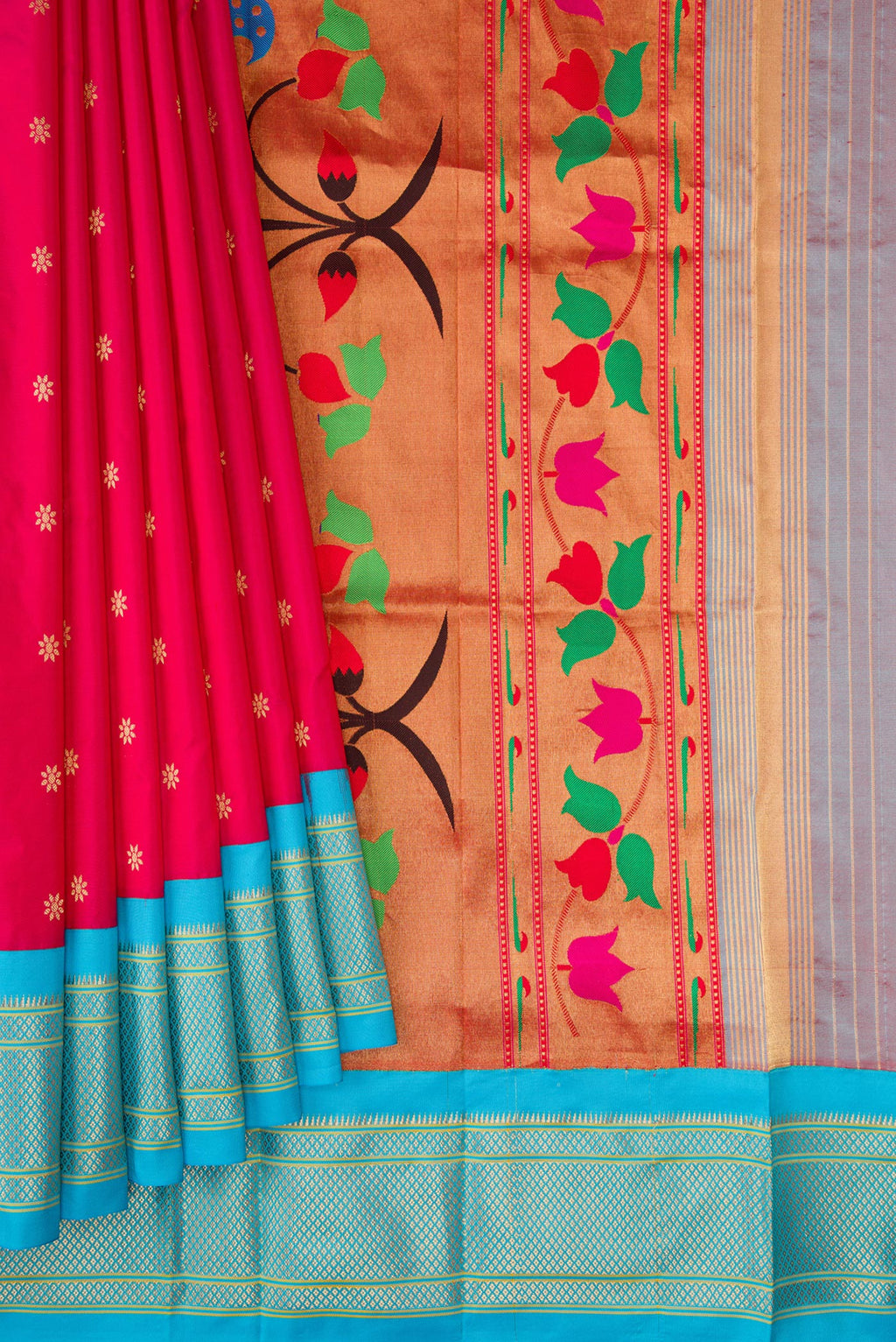 Pleats and pallu of Dark Pink Paithani Silk Saree with Zari Butta on the body and Zari Border. 