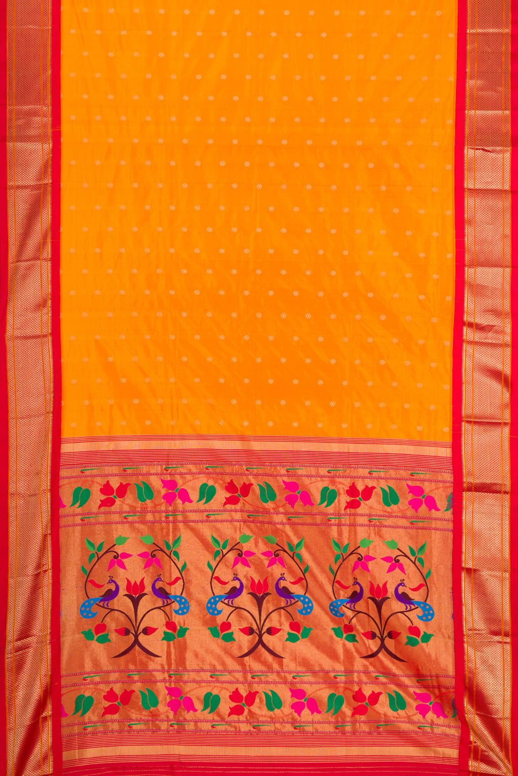 Flat view of Yellow Dual Tone Paithani Silk Saree with Zari Butta on the body and Zari Border. 