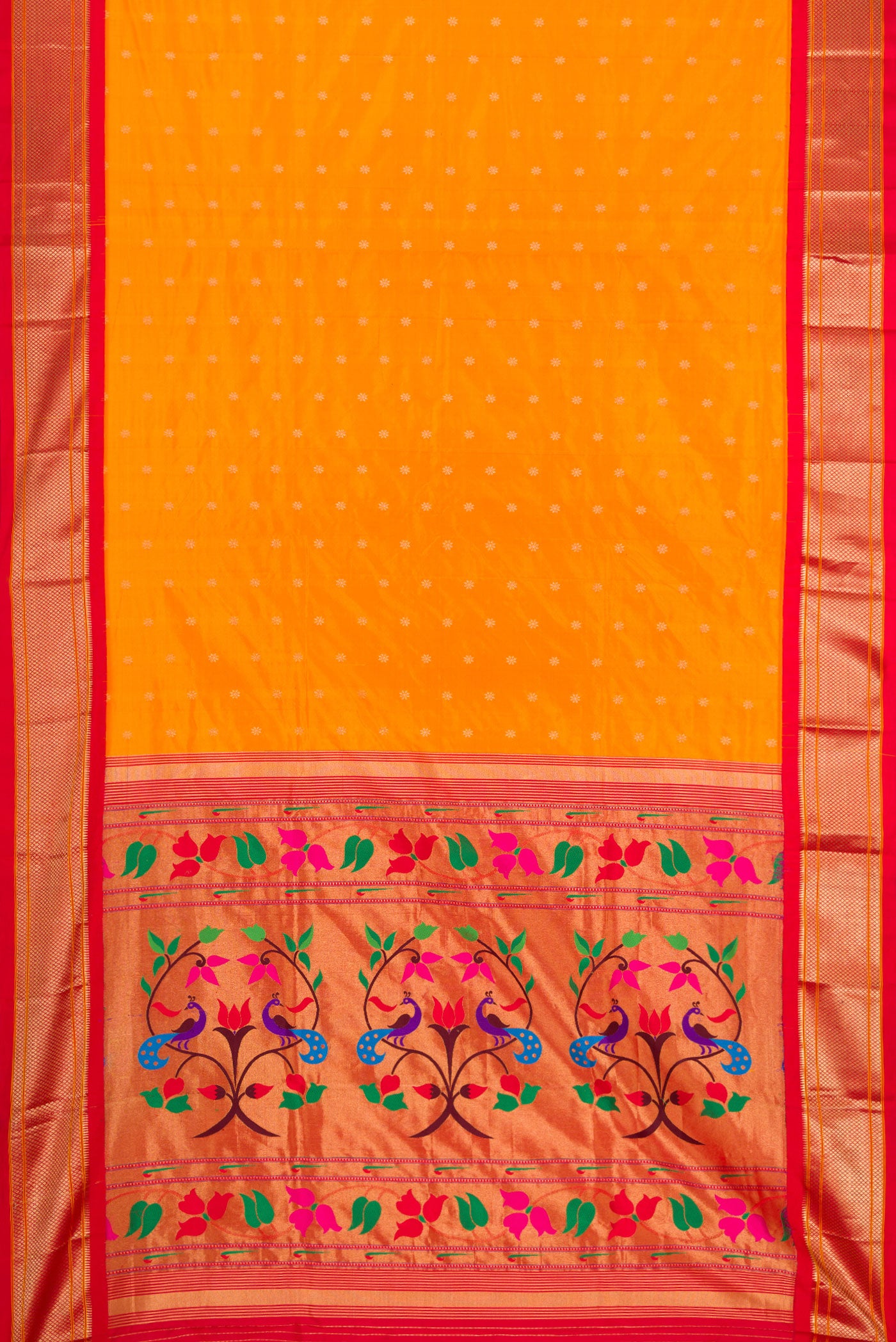 Flat view of Yellow Dual Tone Paithani Silk Saree with Zari Butta on the body and Zari Border. 