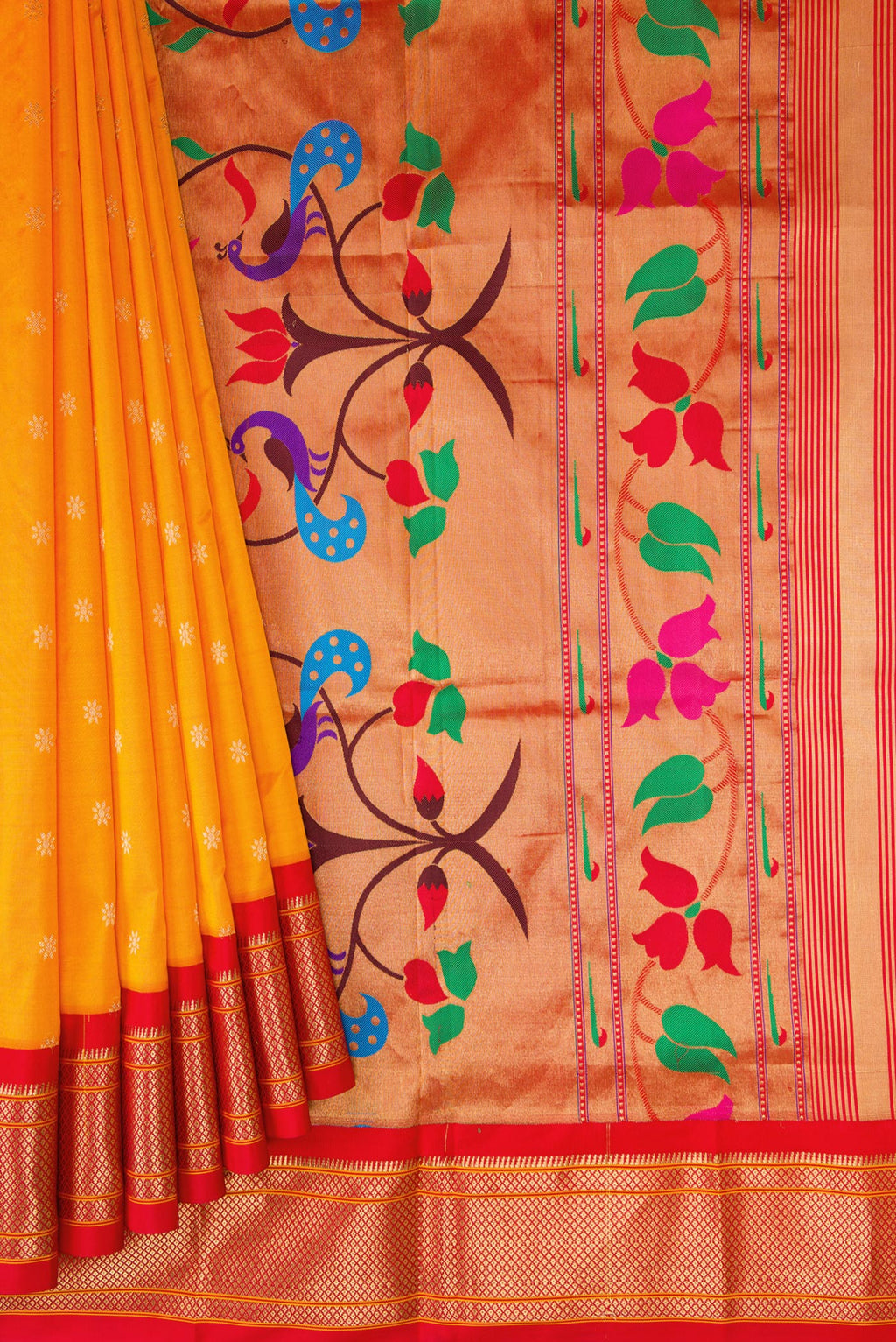 Pleats and pallu of Yellow Dual Tone Paithani Silk Saree with Zari Butta on the body and Zari Border. 