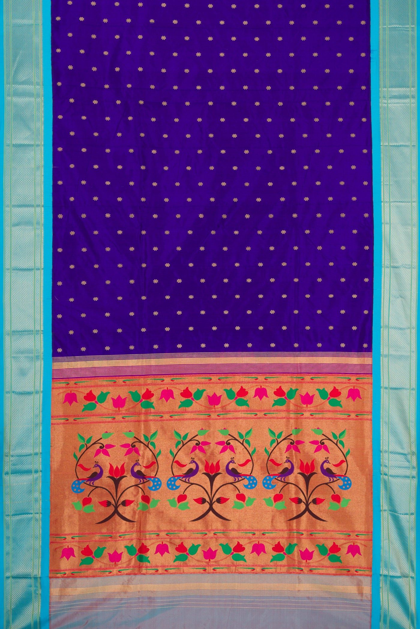 Flat view of Royal Blue Paithani Silk Saree with Zari Butta on the body and Zari Border. 