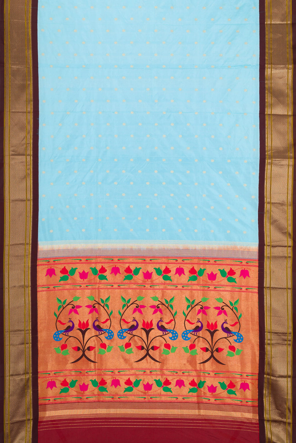 Flat view of Sky Blue Paithani Silk Saree with Zari Butta on the body and Zari Border. 