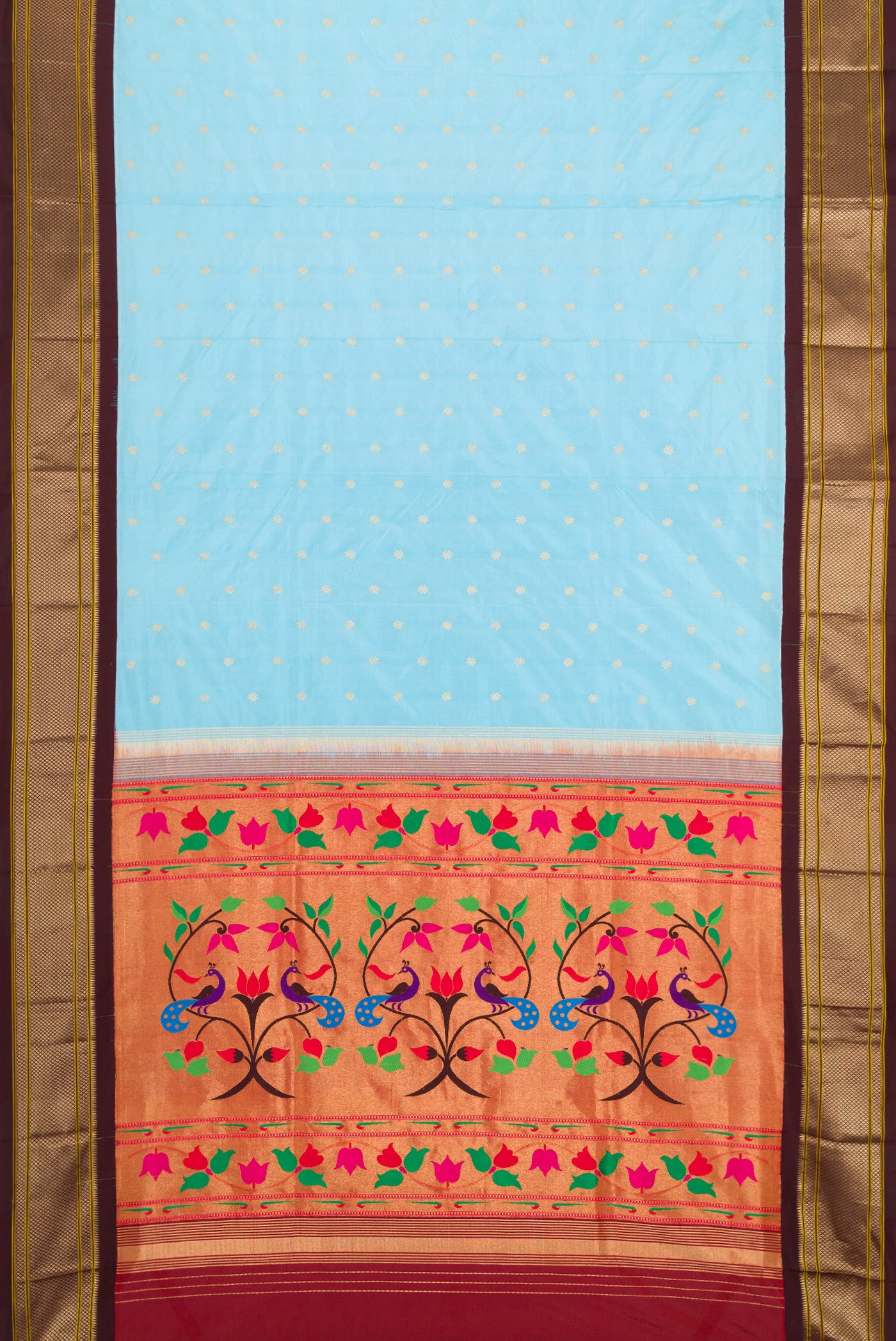 Flat view of Sky Blue Paithani Silk Saree with Zari Butta on the body and Zari Border. 