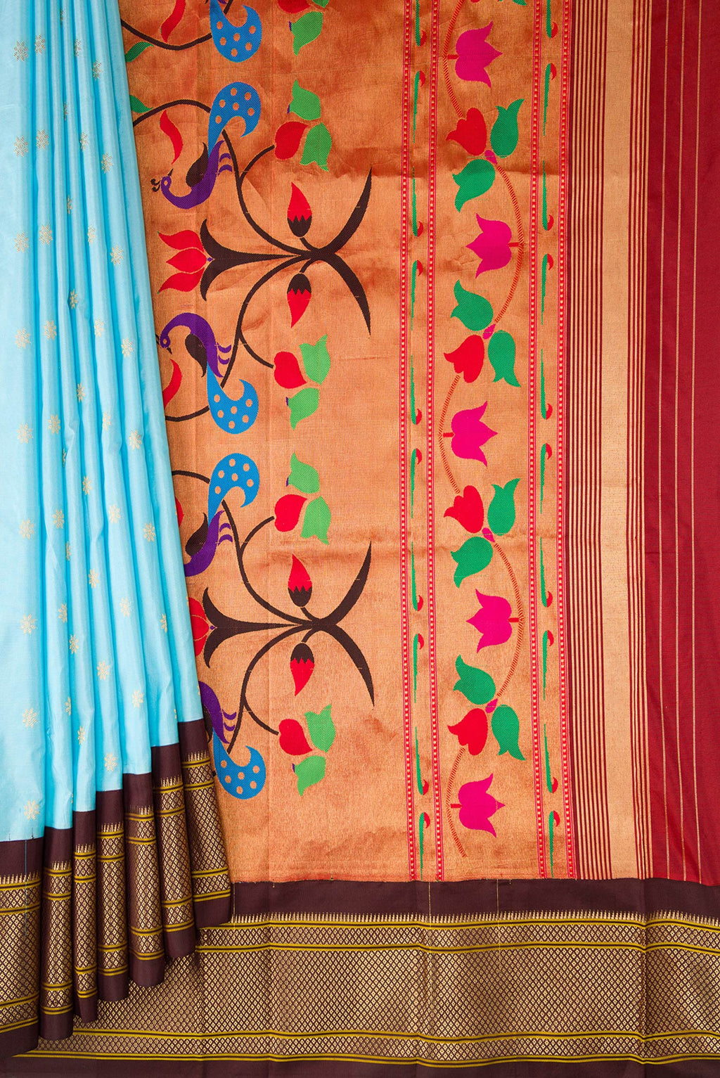 Pleats and pallu of Sky Blue Paithani Silk Saree with Zari Butta on the body and Zari Border. 