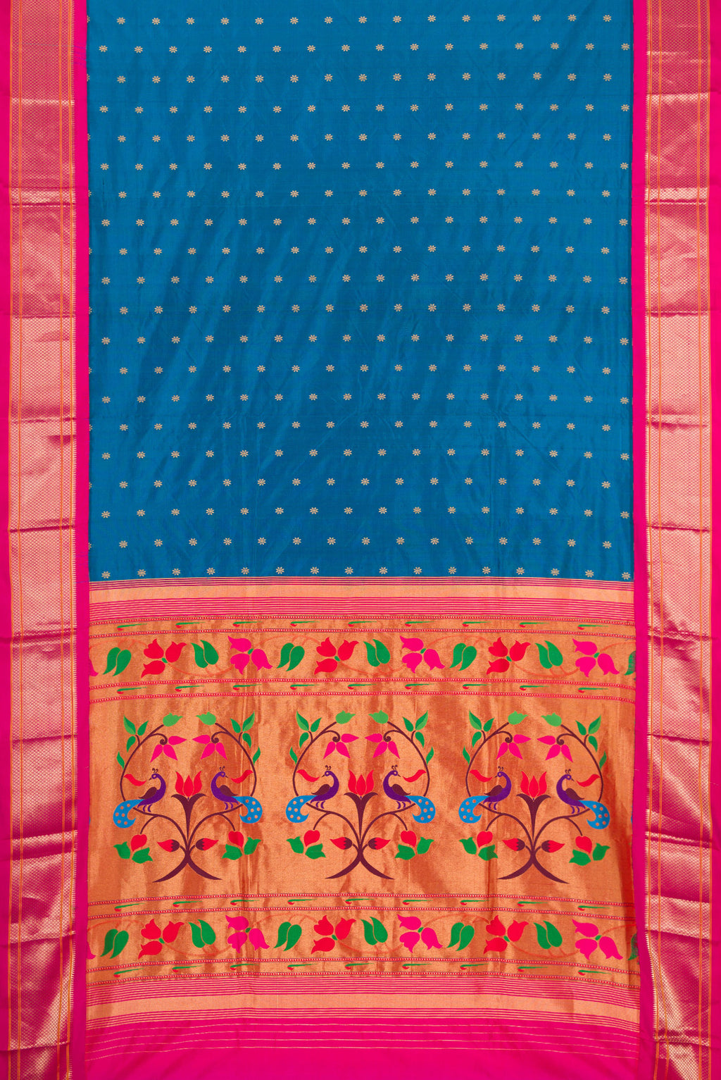 Flat view of Peacock Blue Paithani Silk Saree with Zari Butta on the body and Zari Border. 