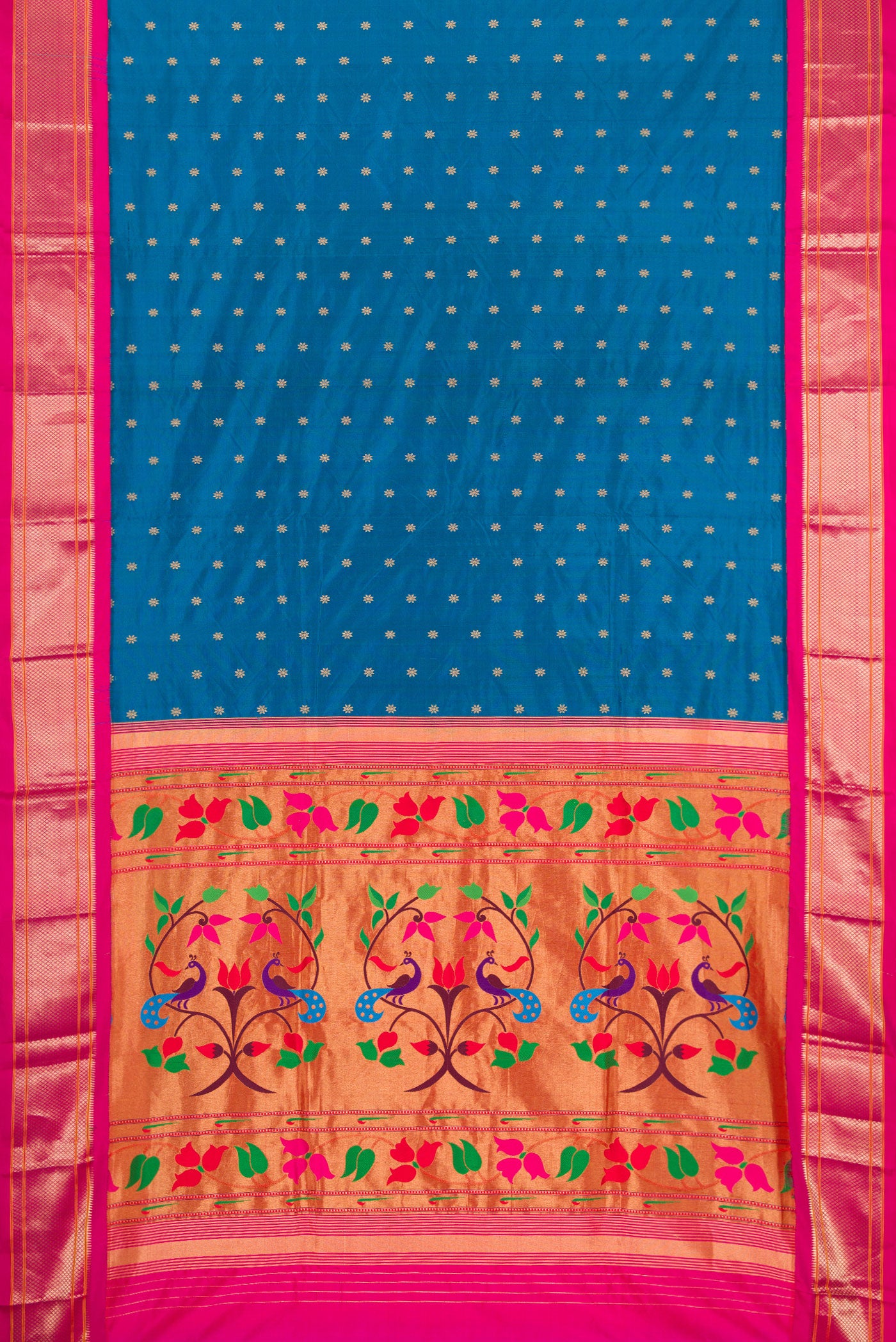Flat view of Peacock Blue Paithani Silk Saree with Zari Butta on the body and Zari Border. 