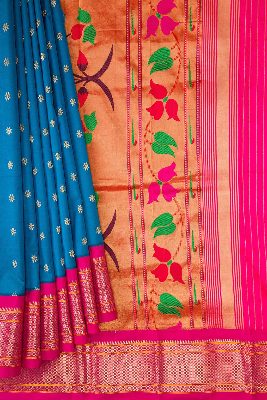Pleats and pallu of Peacock Blue Paithani Silk Saree with Zari Butta on the body and Zari Border. 