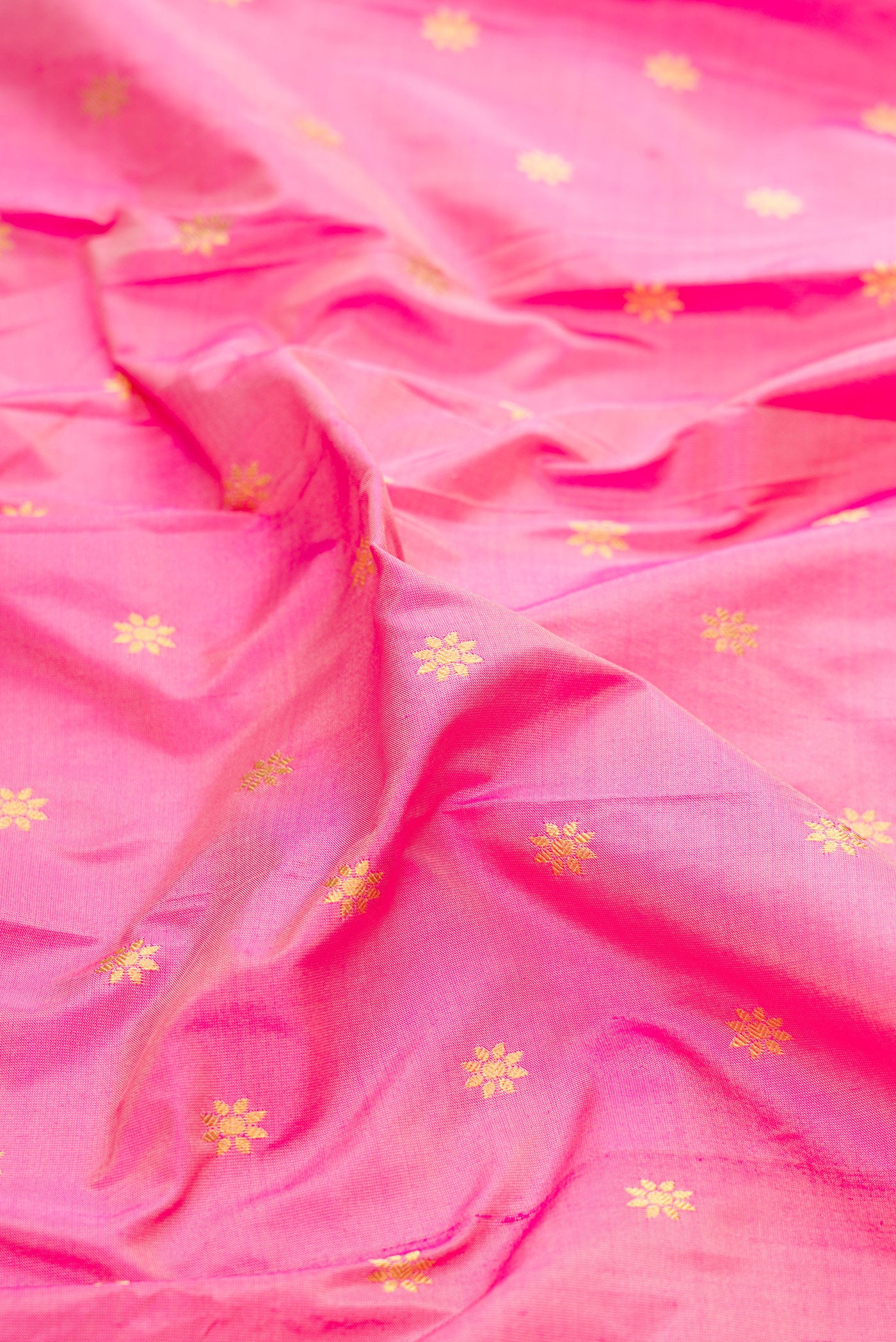 Close up of Pink Paithani Silk Saree with Zari Butta on the body and Zari Border.  displaying folds