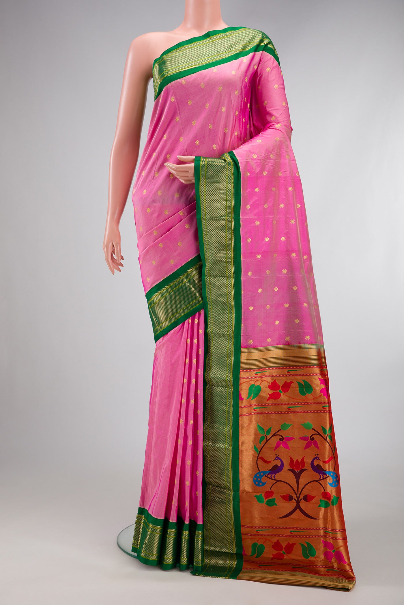 Pink Paithani Silk Saree with Zari Butta on the body and Zari Border.  displayed on a mannequin