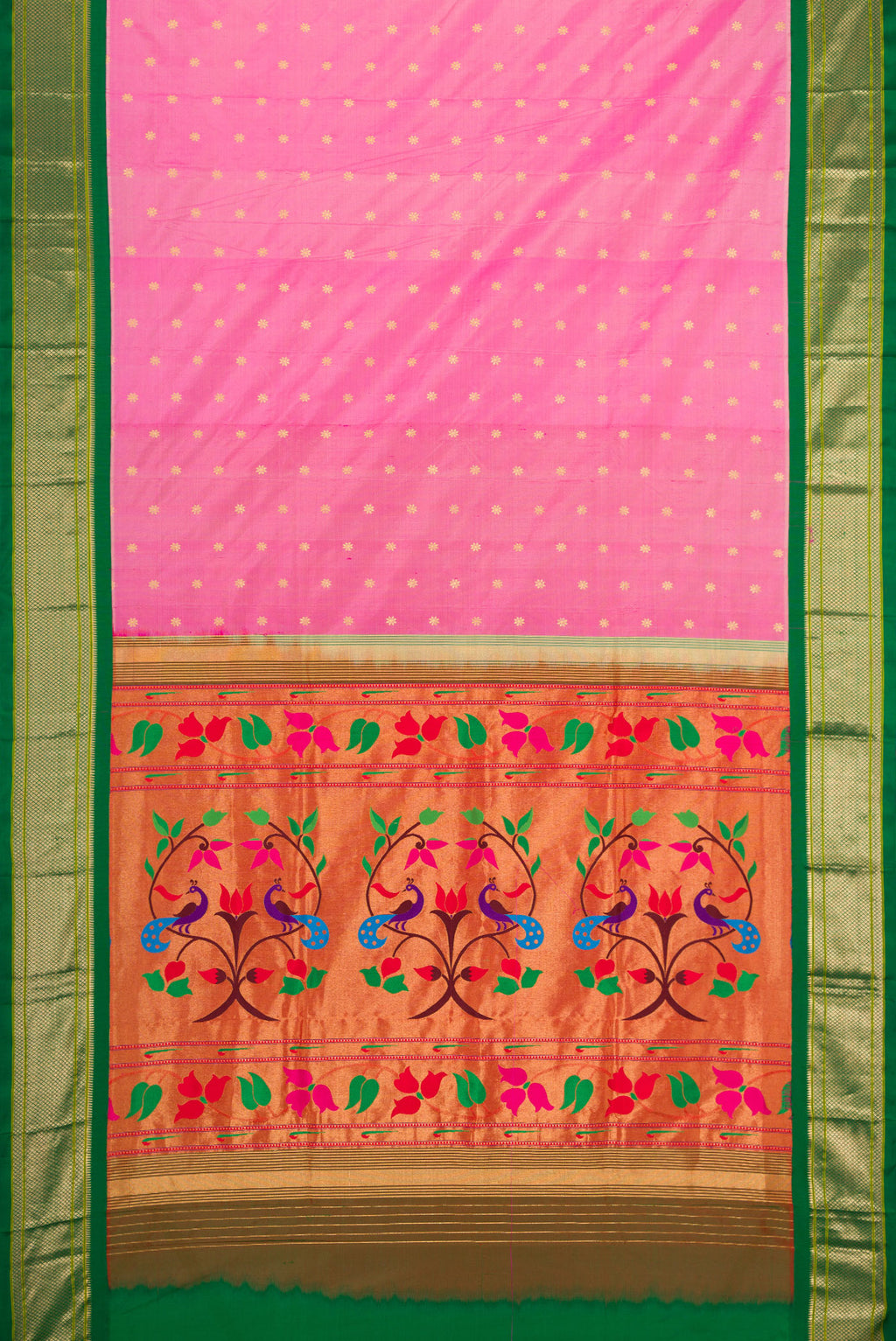 Flat view of Pink Paithani Silk Saree with Zari Butta on the body and Zari Border. 