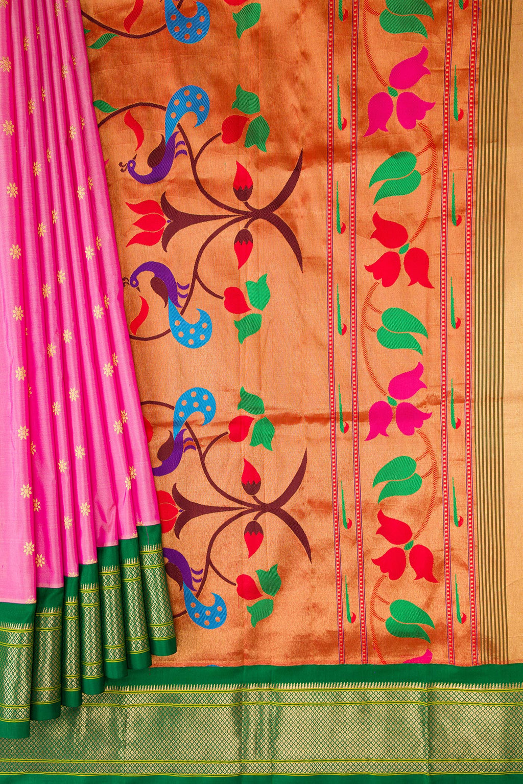 Pleats and pallu of Pink Paithani Silk Saree with Zari Butta on the body and Zari Border. 