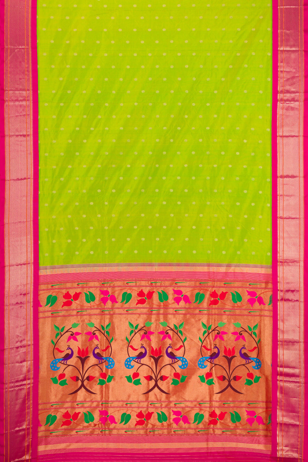 Flat view of Parrot Green Paithani Silk Saree with Zari Butta on the body and Zari Border. 