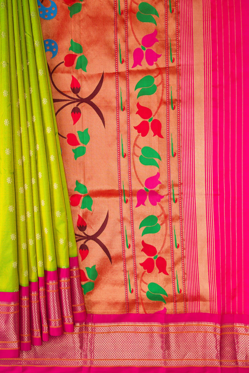 Pleats and pallu of Parrot Green Paithani Silk Saree with Zari Butta on the body and Zari Border. 