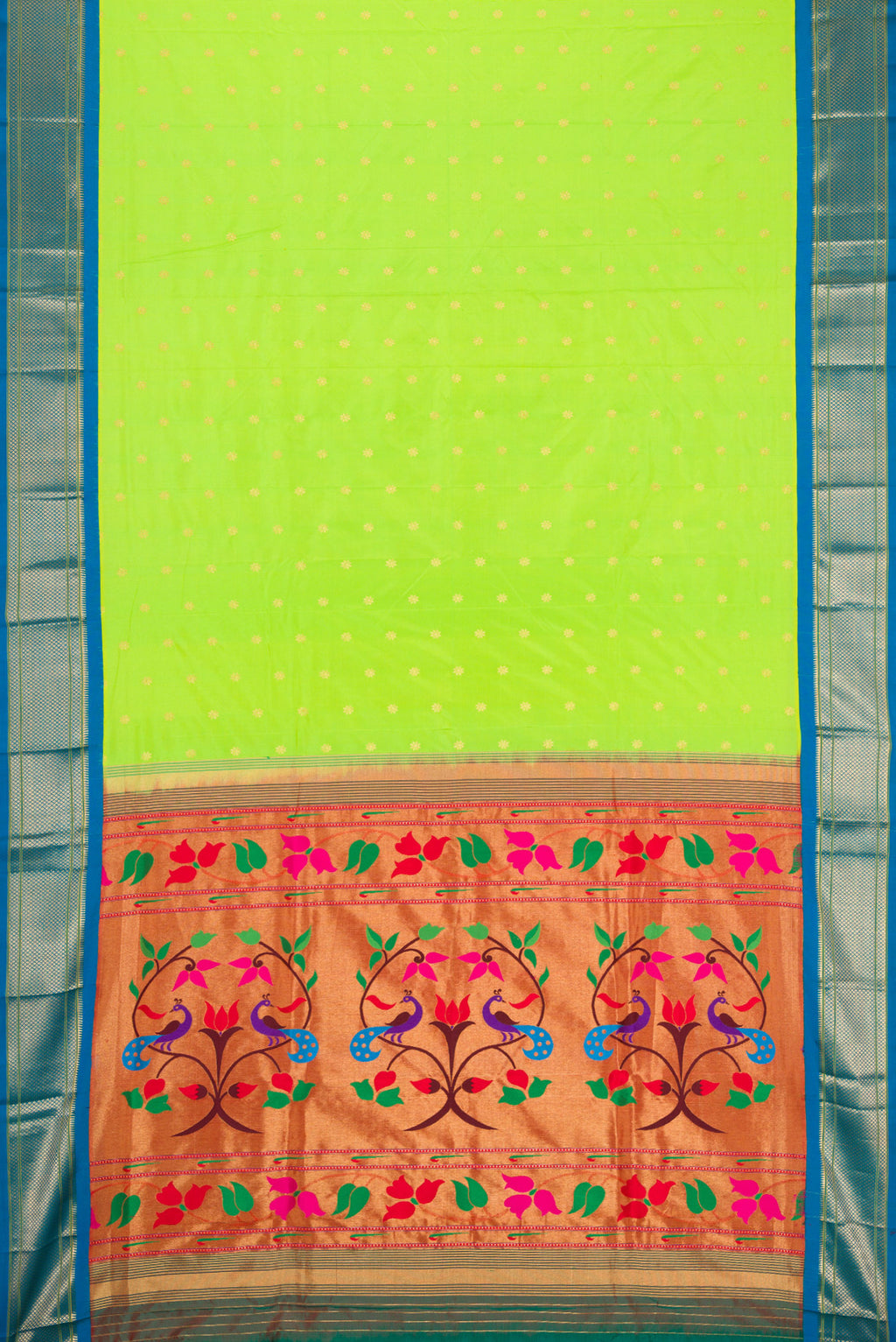 Flat view of Parrot Green Paithani Silk Saree with Zari Butta on the body and Zari Border. 
