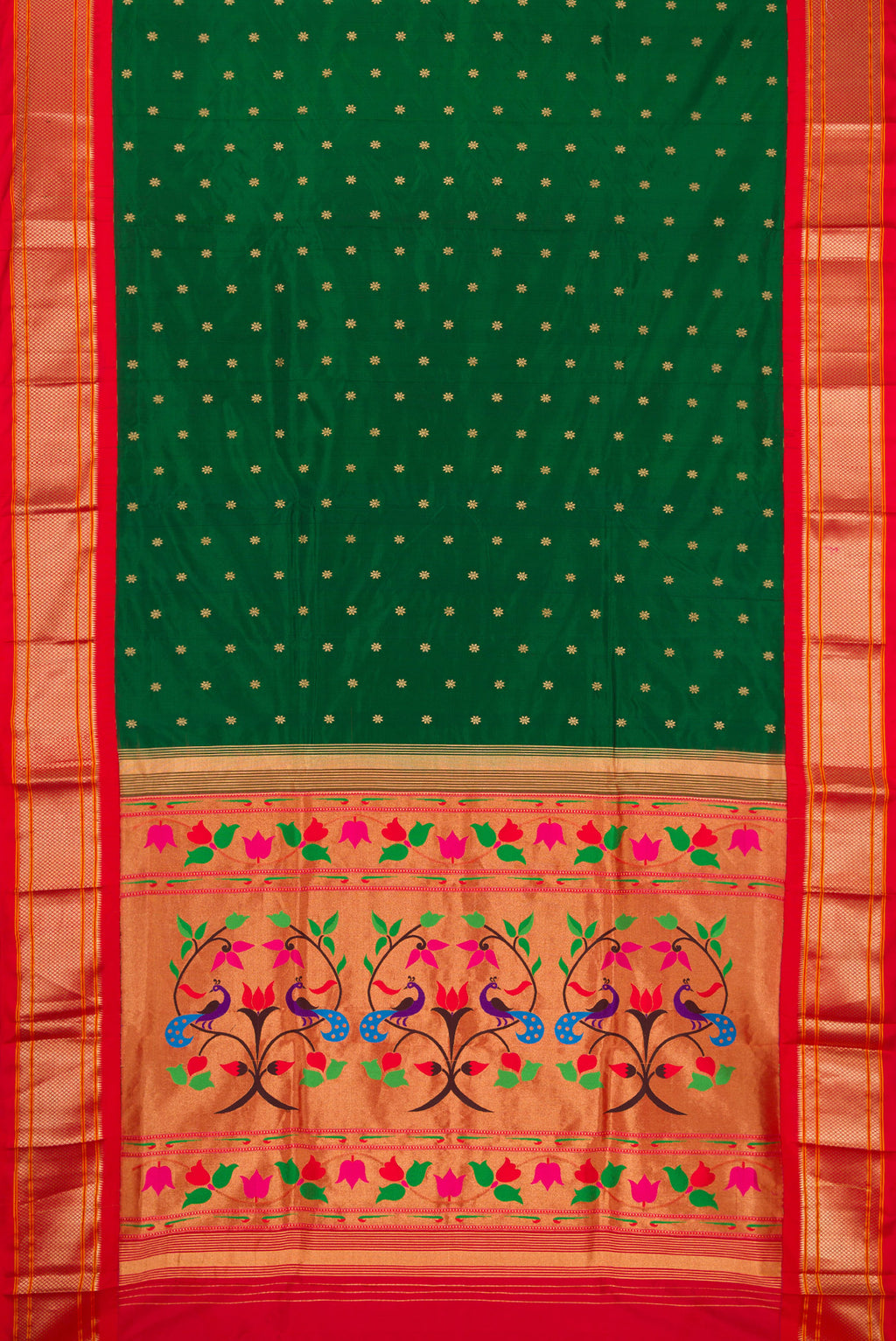 Flat view of Bottle Green Paithani Silk Saree with Zari Butta on the body and Zari Border. 
