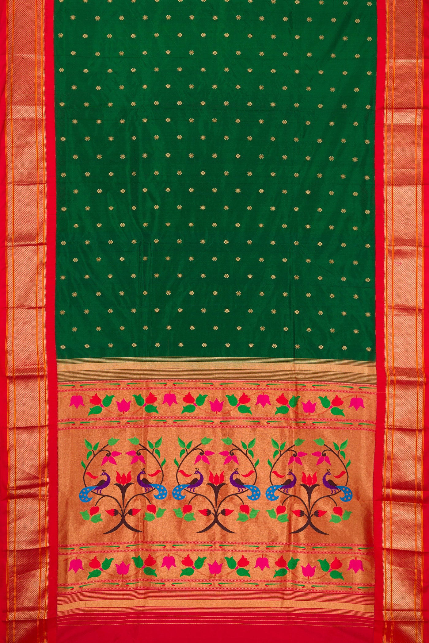 Flat view of Bottle Green Paithani Silk Saree with Zari Butta on the body and Zari Border. 
