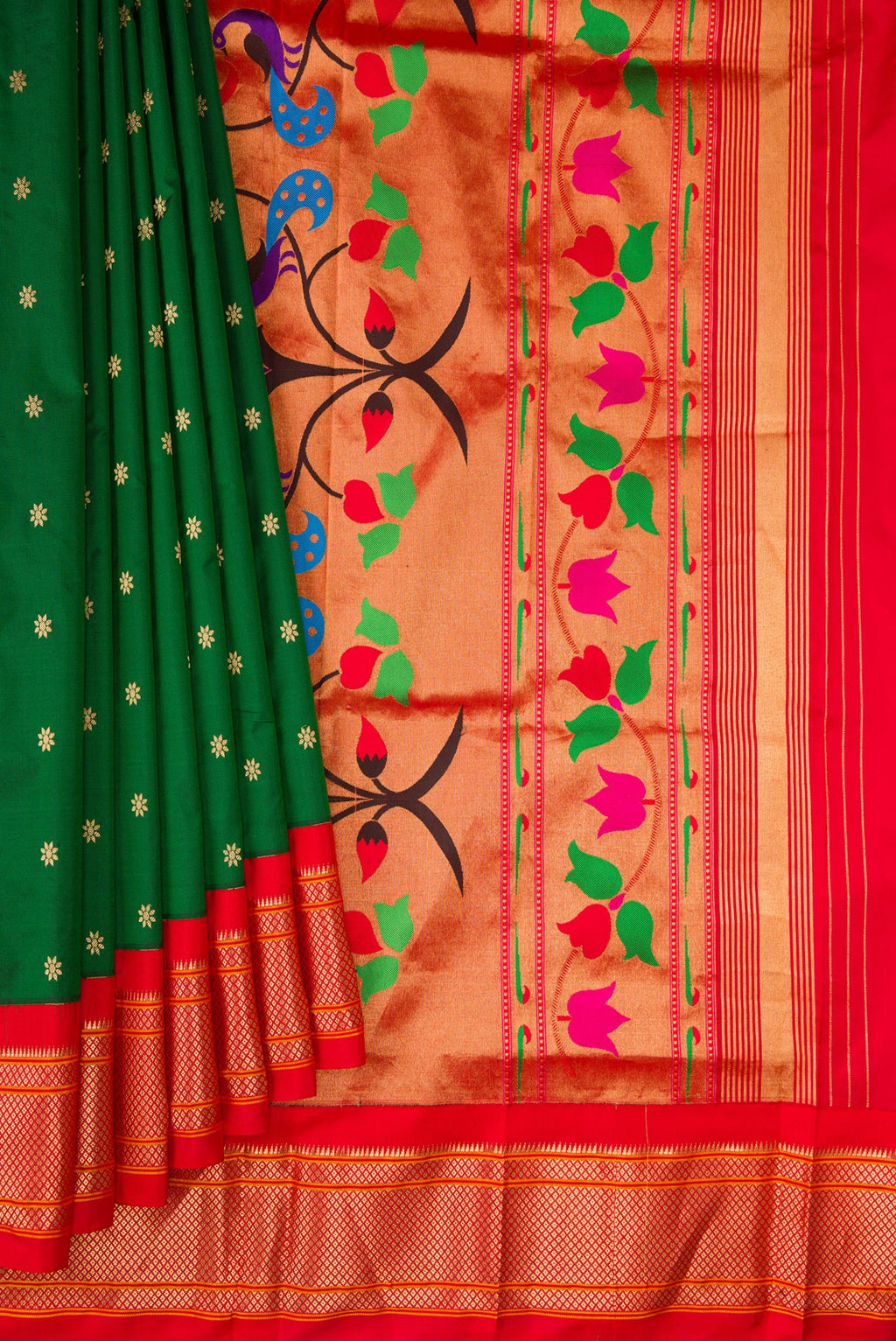 Pleats and pallu of Bottle Green Paithani Silk Saree with Zari Butta on the body and Zari Border. 