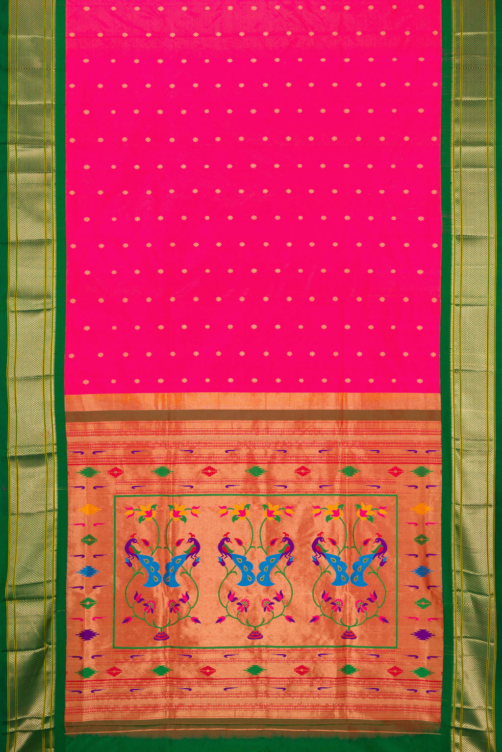 Flat view of Dark Pink Paithani Silk Saree with Zari Butta on the body and Zari Border. 