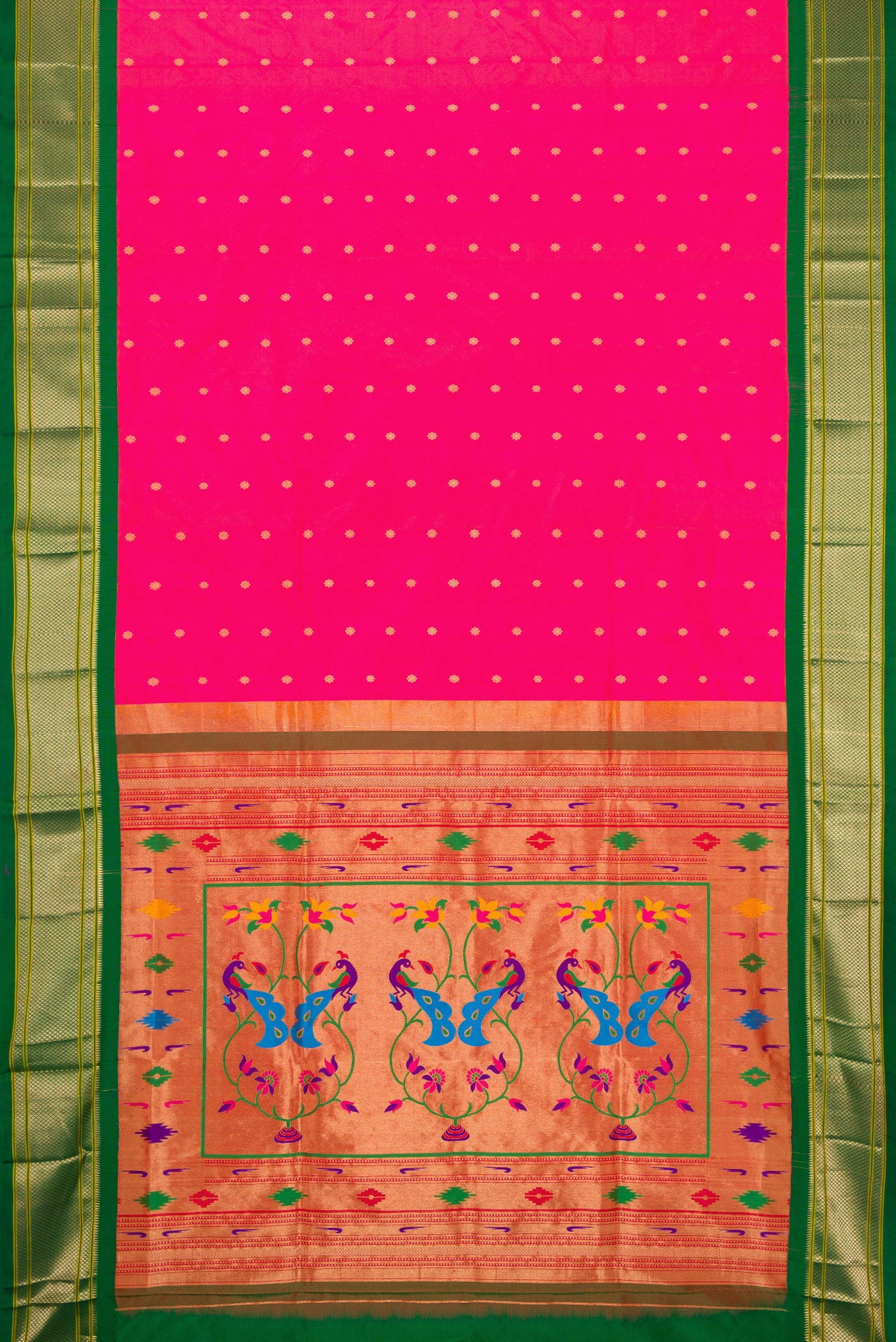 Flat view of Dark Pink Paithani Silk Saree with Zari Butta on the body and Zari Border. 