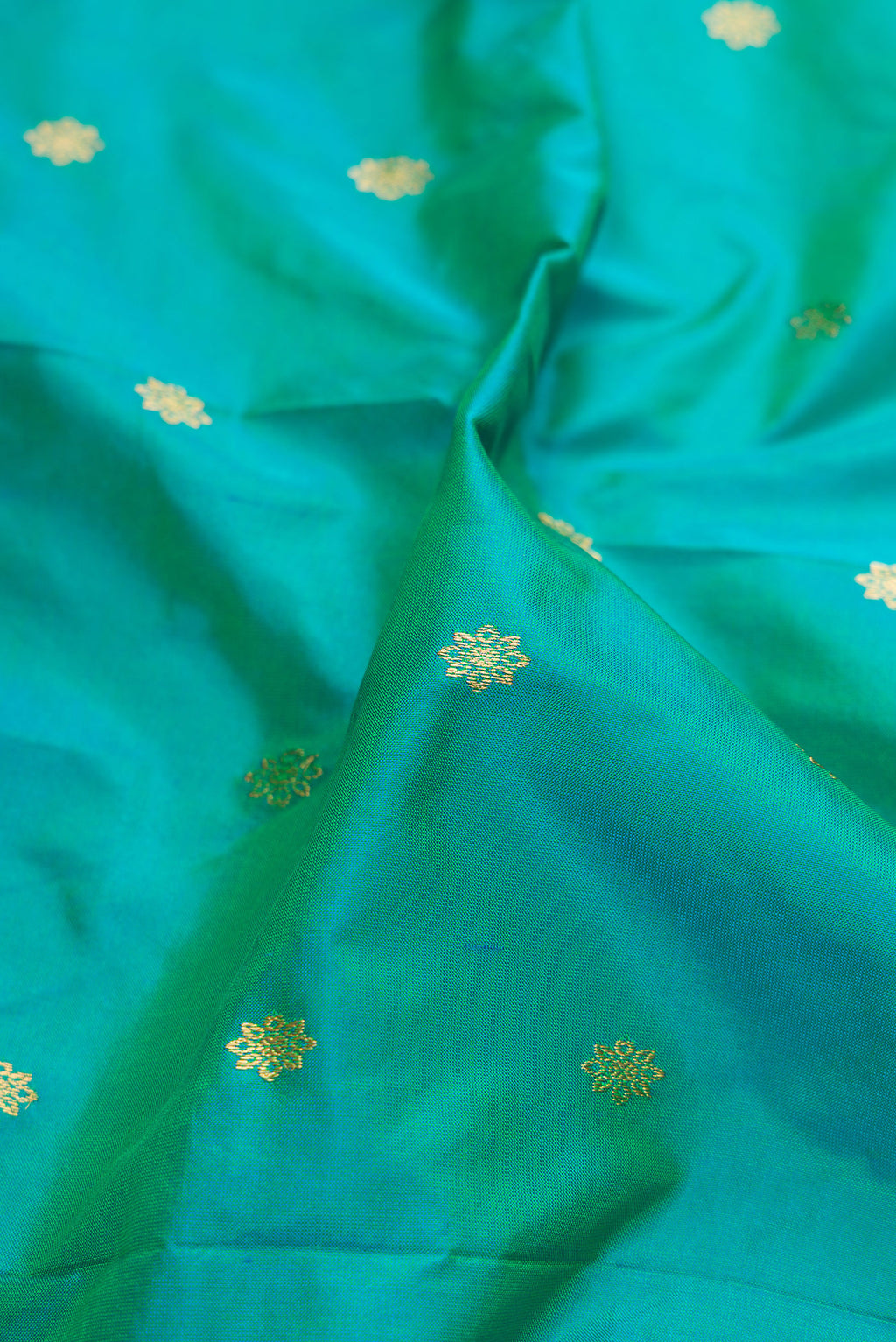 Close up of Sea Green Paithani Silk Saree with Zari Butta on the body and Zari Border.  displaying folds