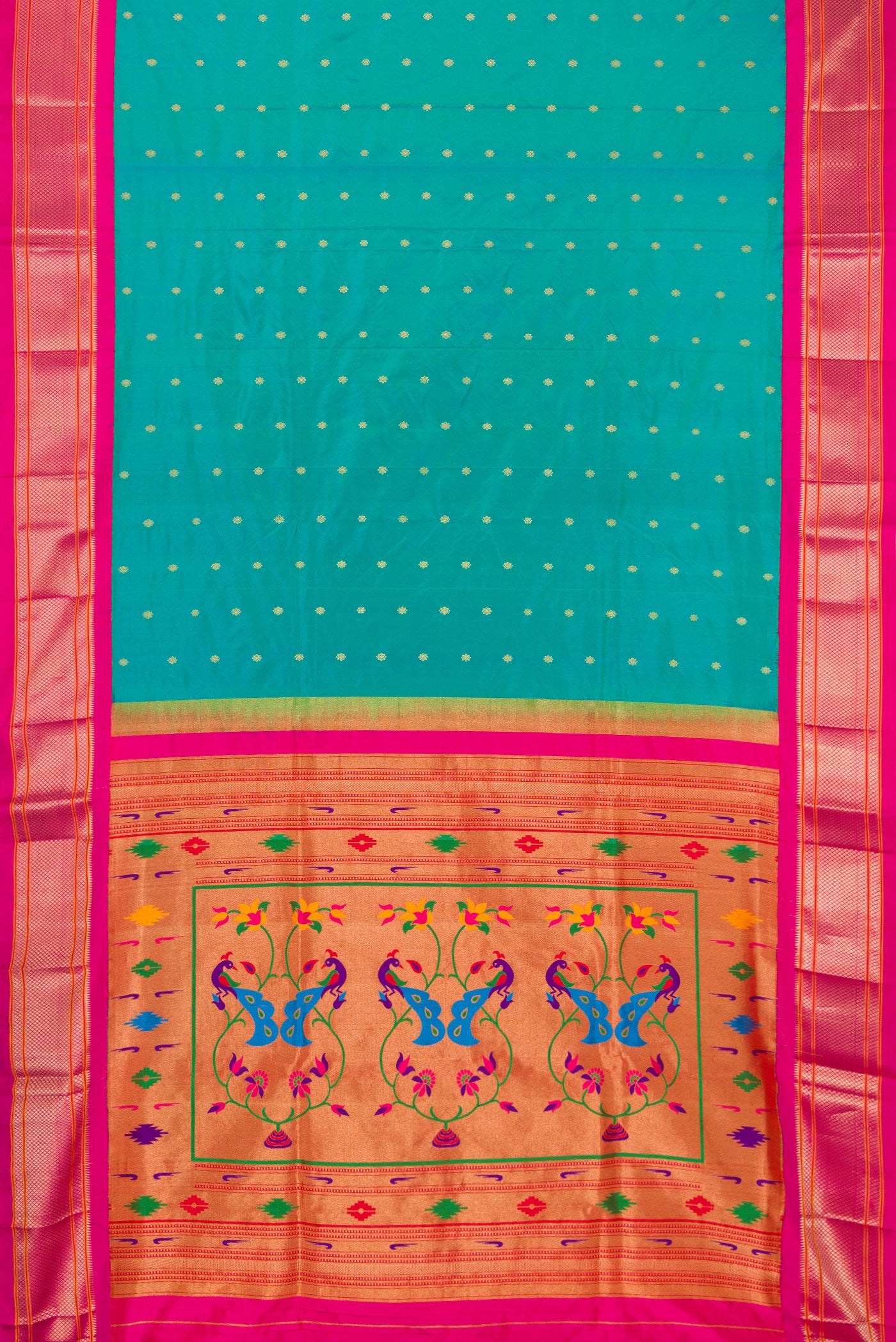 Flat view of Sea Green Paithani Silk Saree with Zari Butta on the body and Zari Border. 