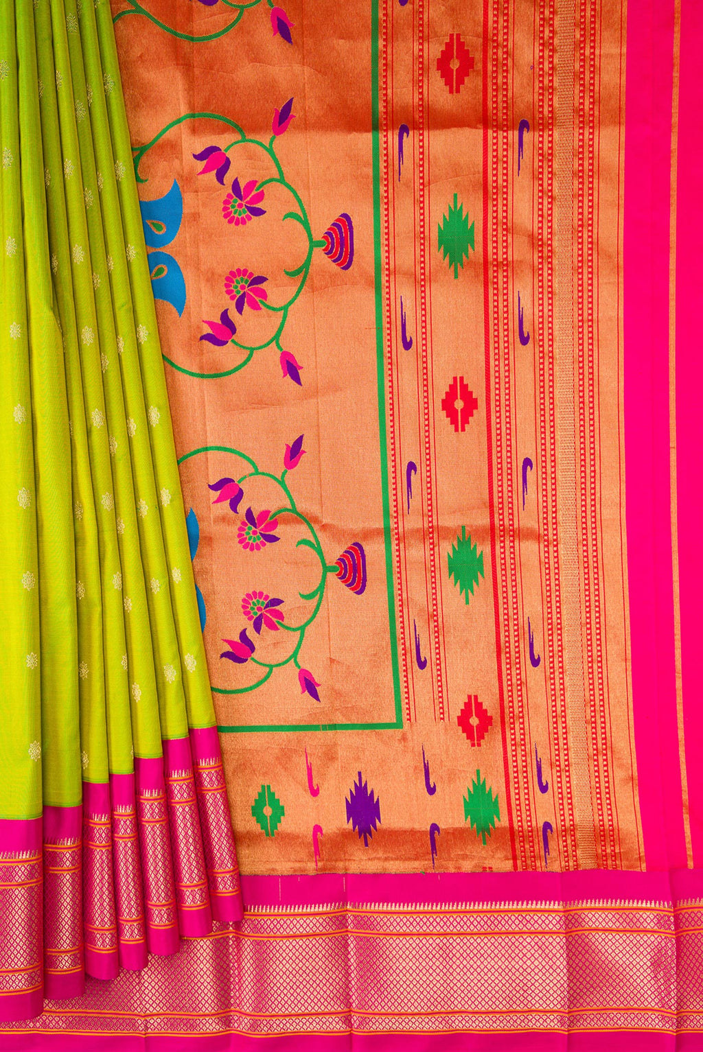 Pleats and pallu of Parrot Green Paithani Silk Saree with Zari Butta on the body and Zari Border. 