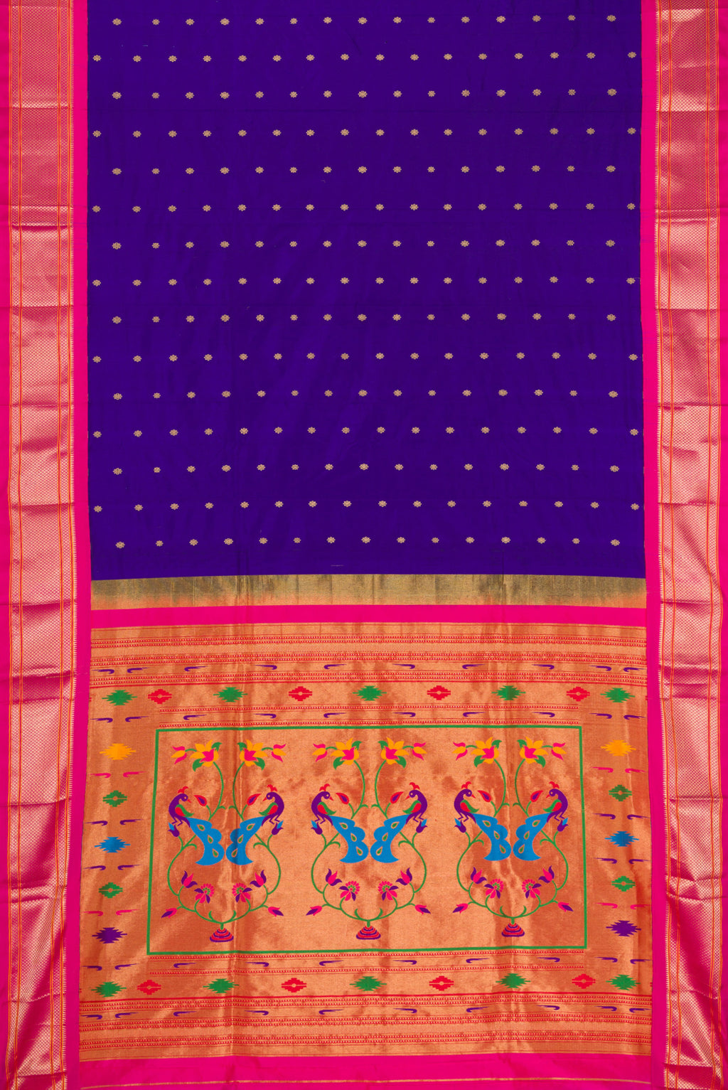 Flat view of Blue Paithani Silk Saree with Zari Butta on the body and Zari Border. 