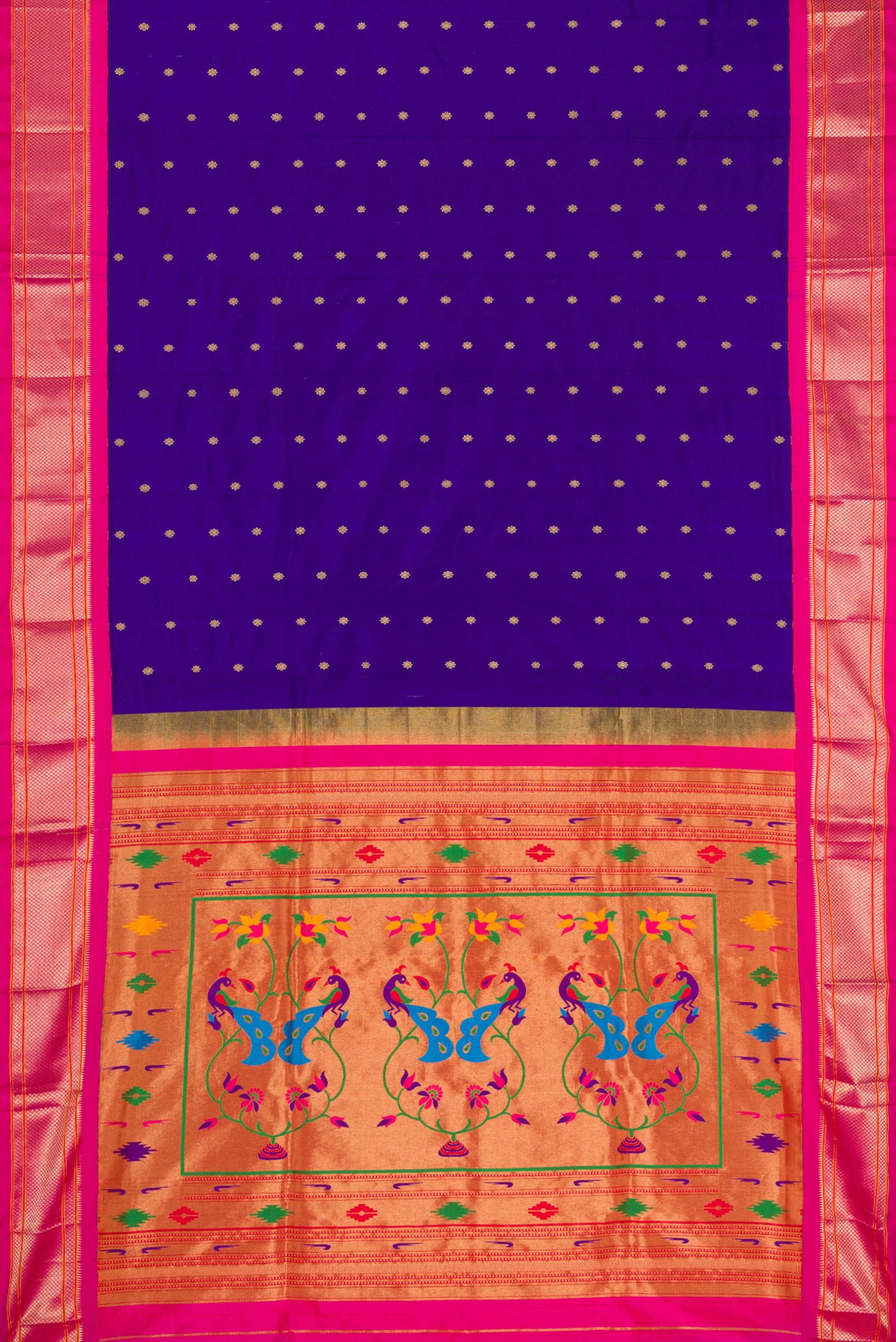 Flat view of Blue Paithani Silk Saree with Zari Butta on the body and Zari Border. 