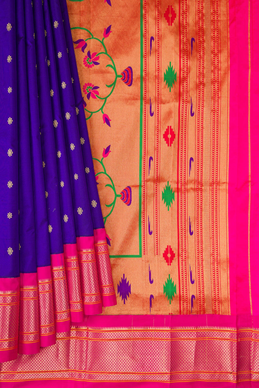 Pleats and pallu of Blue Paithani Silk Saree with Zari Butta on the body and Zari Border. 