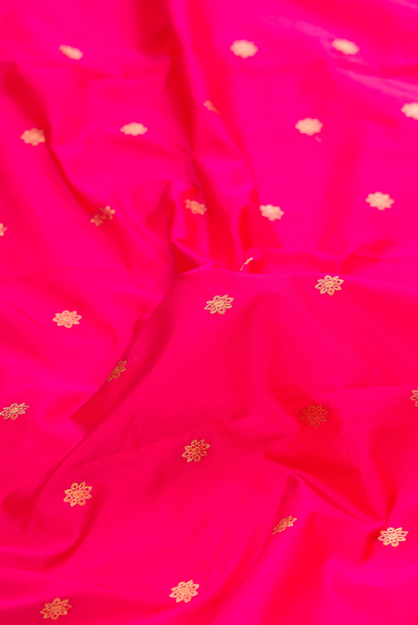 Close up of Pink Paithani Silk Saree with Zari Butta on the body and Zari Border.  displaying folds