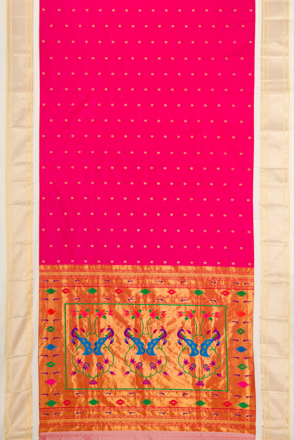 Flat view of Pink Paithani Silk Saree with Zari Butta on the body and Zari Border. 