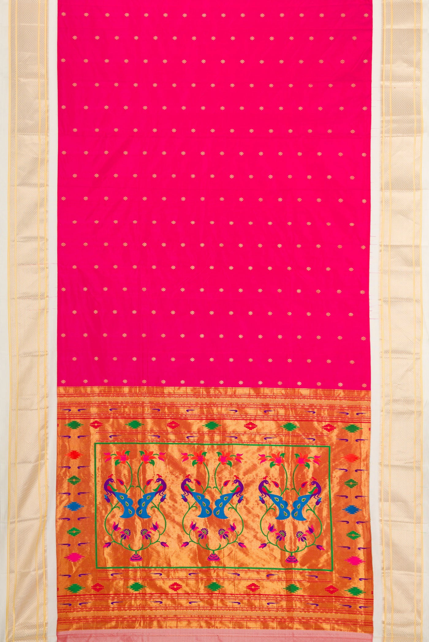 Flat view of Pink Paithani Silk Saree with Zari Butta on the body and Zari Border. 