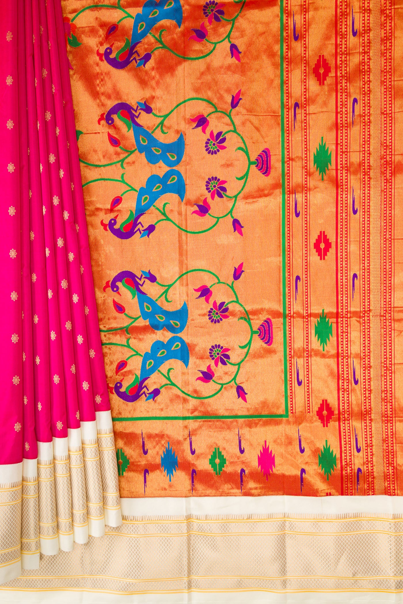 Pleats and pallu of Pink Paithani Silk Saree with Zari Butta on the body and Zari Border. 
