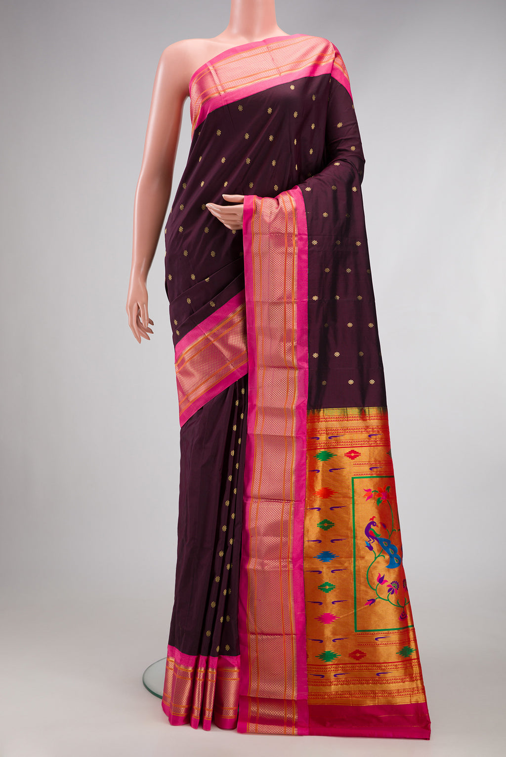 Coffee Brown Paithani Silk Saree with Zari Butta on the body and Zari Border.  displayed on a mannequin