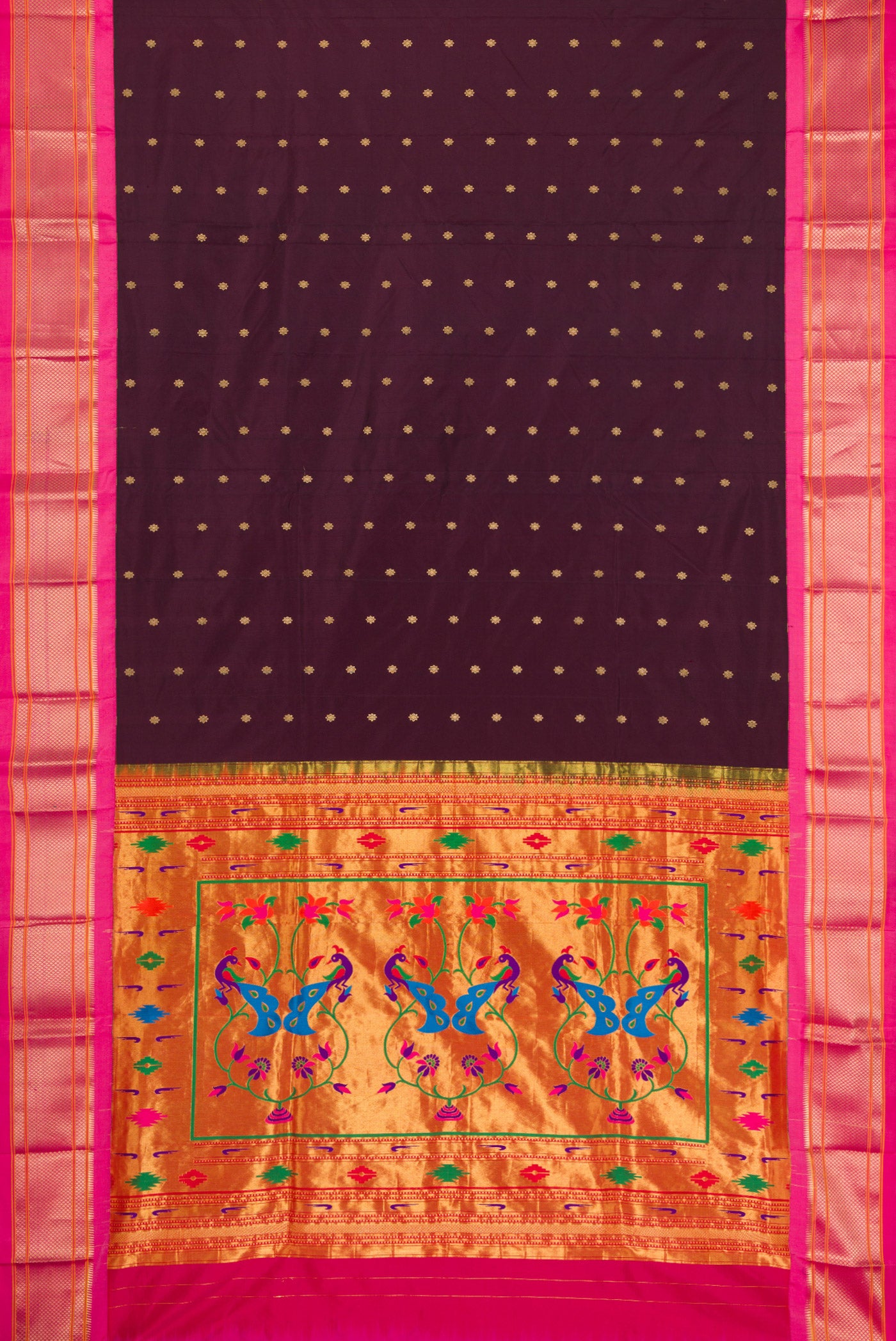 Flat view of Coffee Brown Paithani Silk Saree with Zari Butta on the body and Zari Border. 