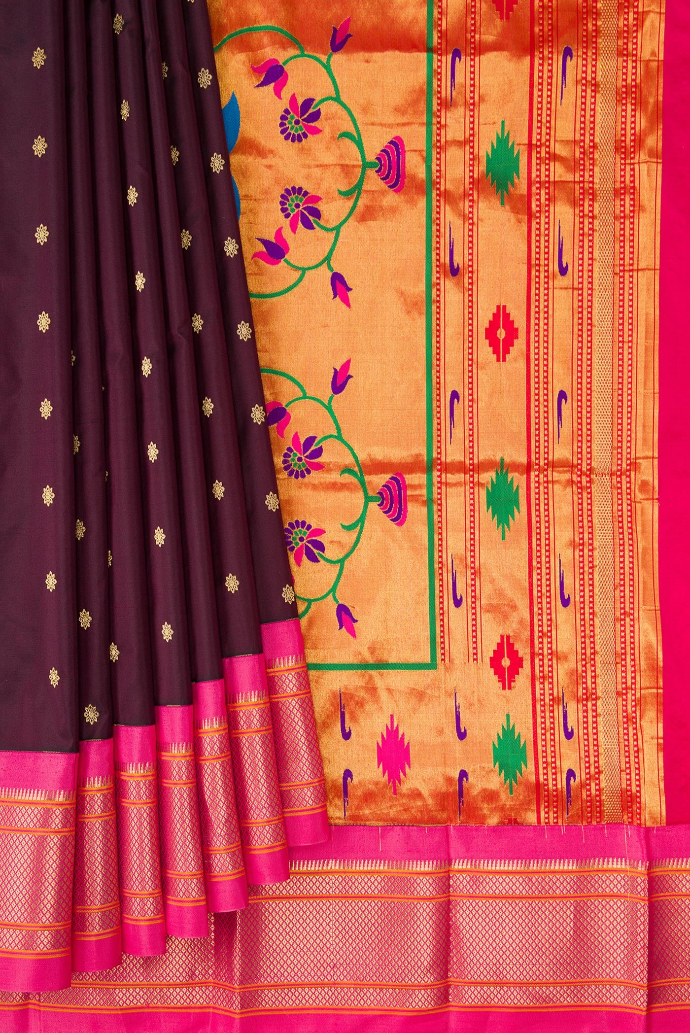 Pleats and pallu of Coffee Brown Paithani Silk Saree with Zari Butta on the body and Zari Border. 