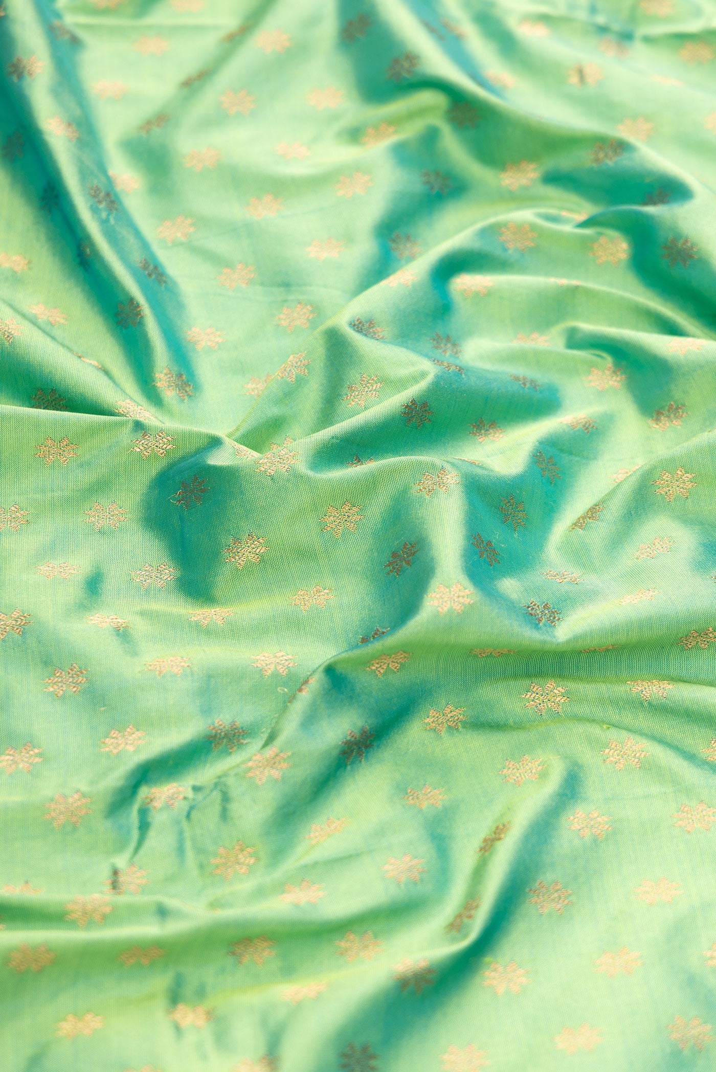 Close up of Sea Green Dual Tone Paithani Silk Saree with Zari Butta on the body and Zari Border.  displaying folds