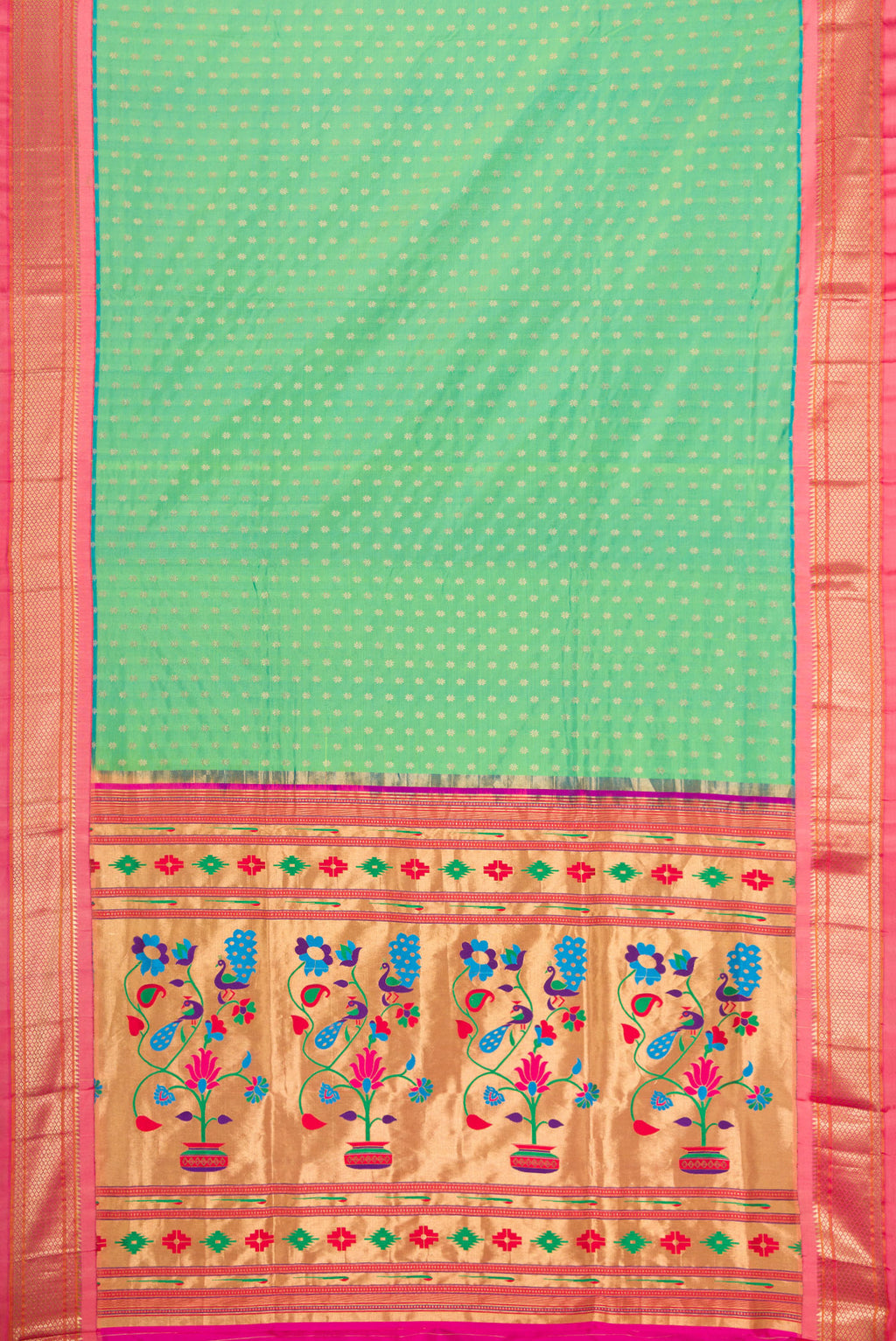Flat view of Sea Green Dual Tone Paithani Silk Saree with Zari Butta on the body and Zari Border. 