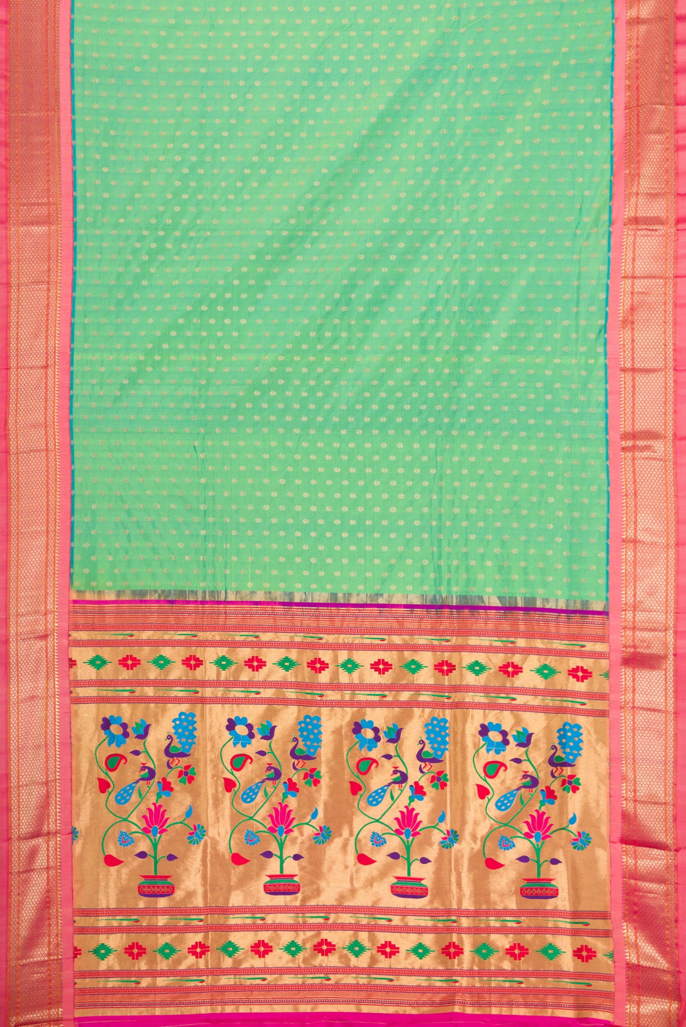 Flat view of Sea Green Dual Tone Paithani Silk Saree with Zari Butta on the body and Zari Border. 