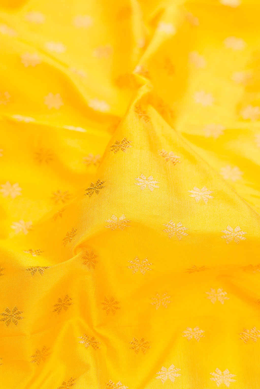 Close up of Lemon Yellow Paithani Silk Saree with Zari Butta on the body and Zari Border.  displaying folds