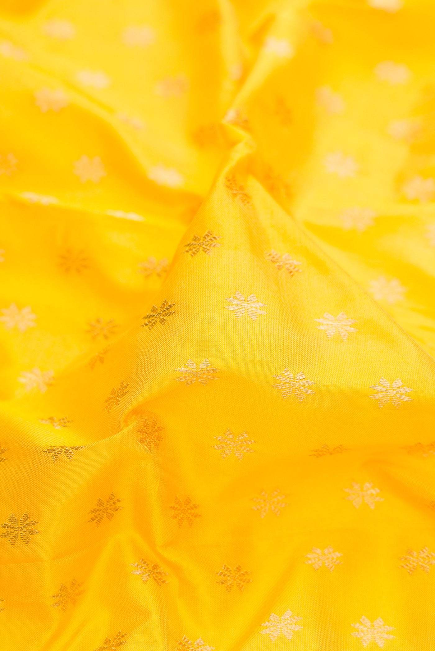 Close up of Lemon Yellow Paithani Silk Saree with Zari Butta on the body and Zari Border.  displaying folds